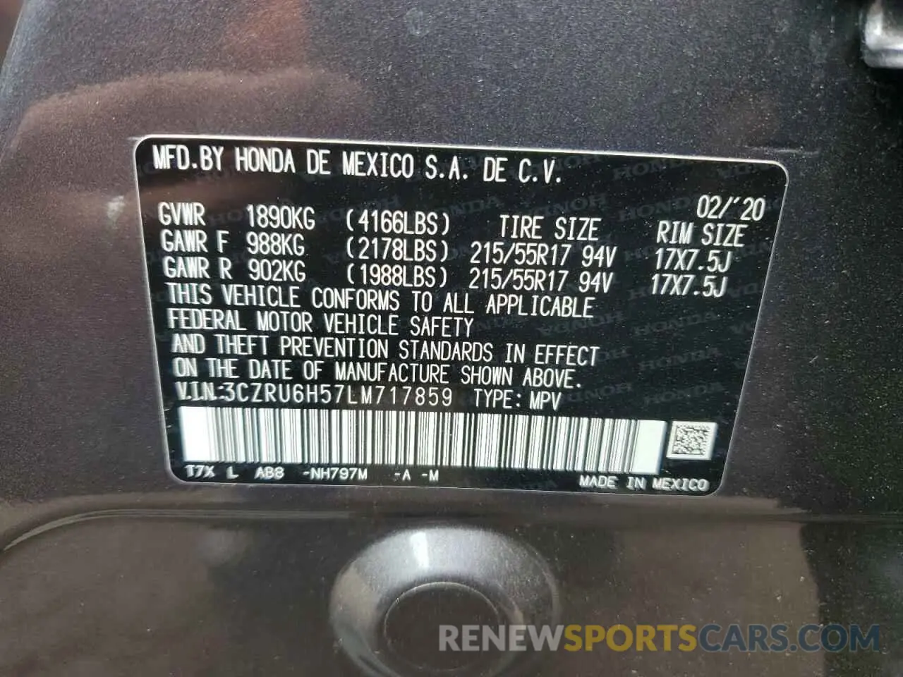 15 Photograph of a damaged car 3CZRU6H57LM717859 HONDA HR-V 2020