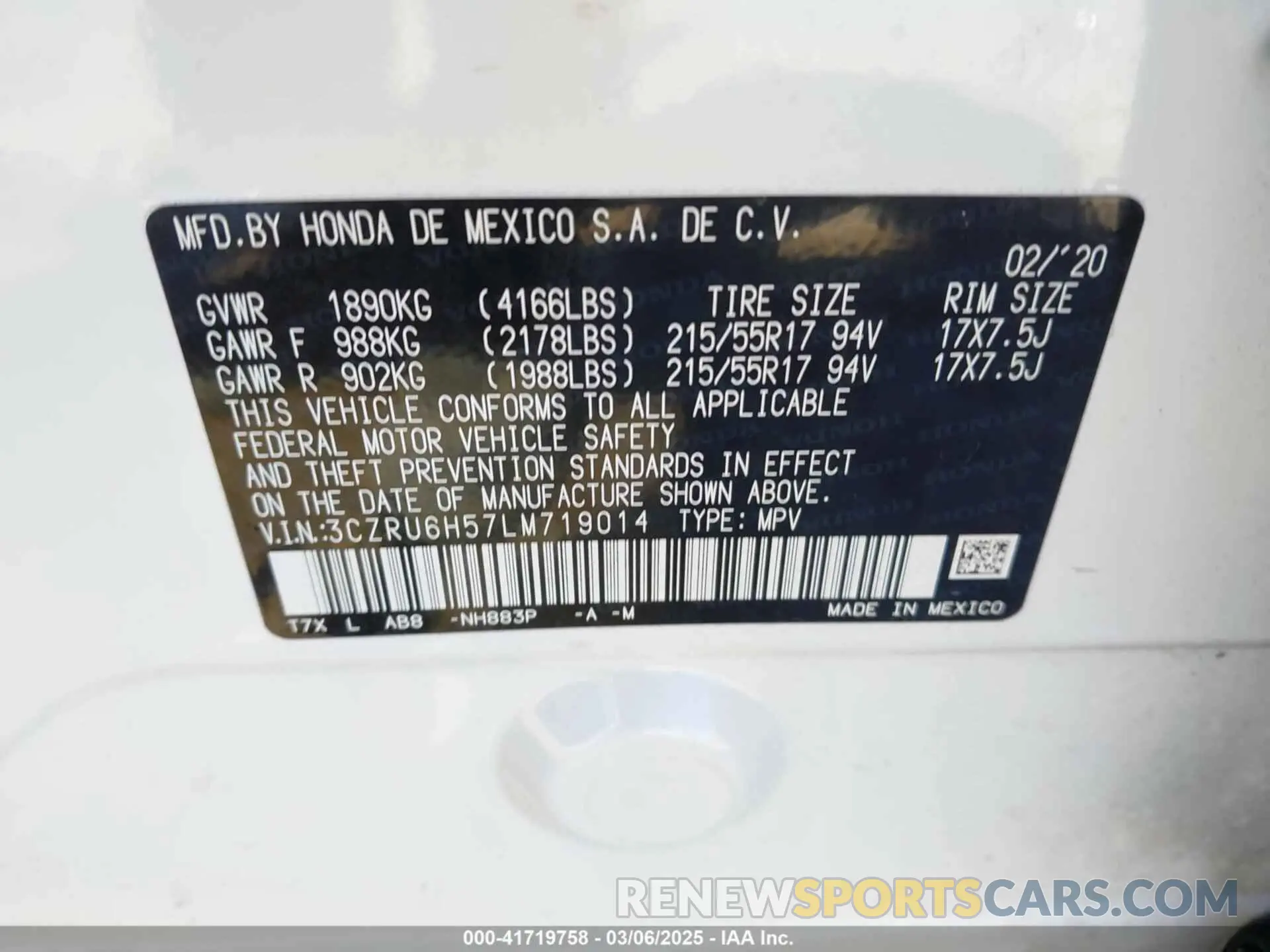 9 Photograph of a damaged car 3CZRU6H57LM719014 HONDA HR-V 2020