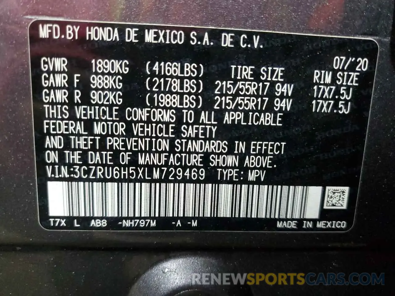 14 Photograph of a damaged car 3CZRU6H5XLM729469 HONDA HR-V 2020
