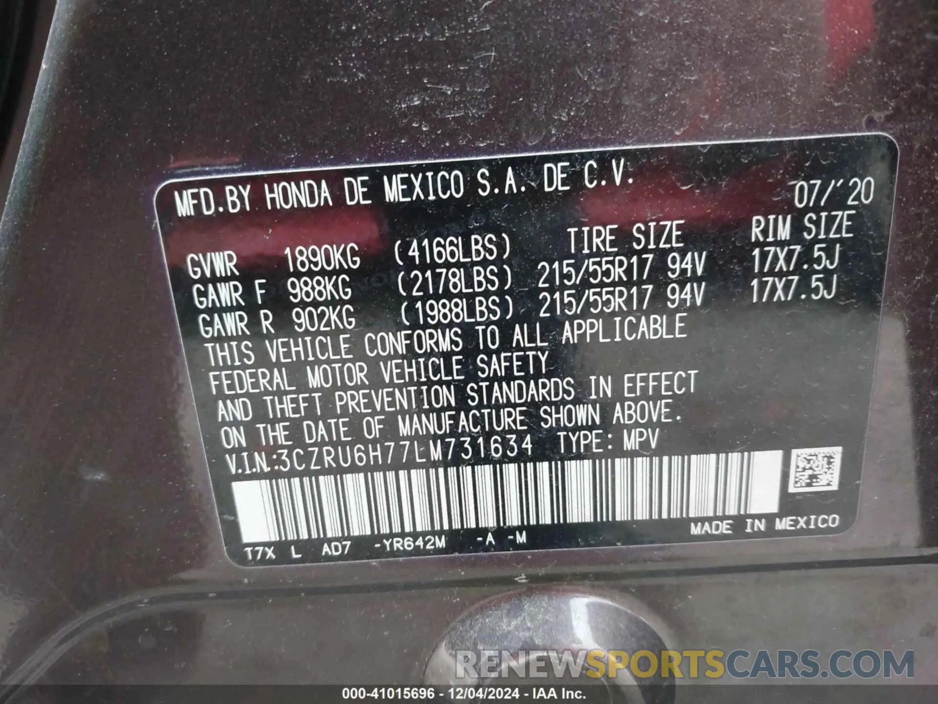 9 Photograph of a damaged car 3CZRU6H77LM731634 HONDA HR-V 2020
