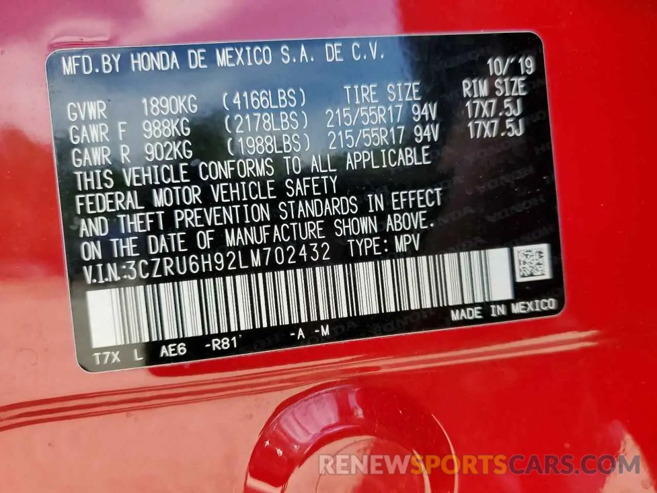 12 Photograph of a damaged car 3CZRU6H92LM702432 HONDA HR-V 2020