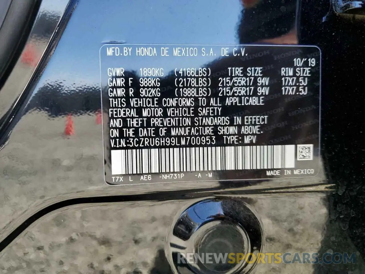 14 Photograph of a damaged car 3CZRU6H99LM700953 HONDA HR-V 2020
