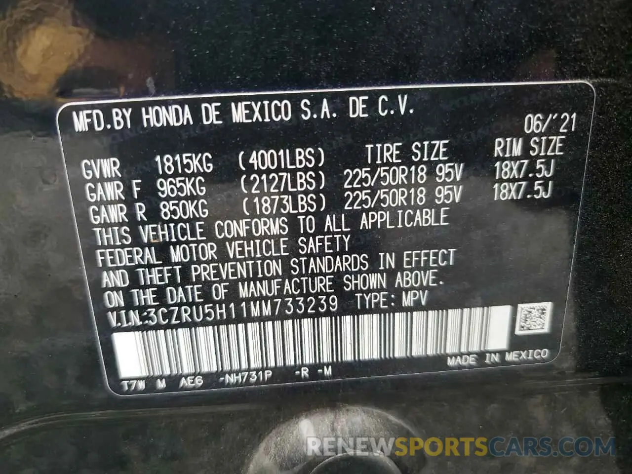 14 Photograph of a damaged car 3CZRU5H11MM733239 HONDA HR-V 2021
