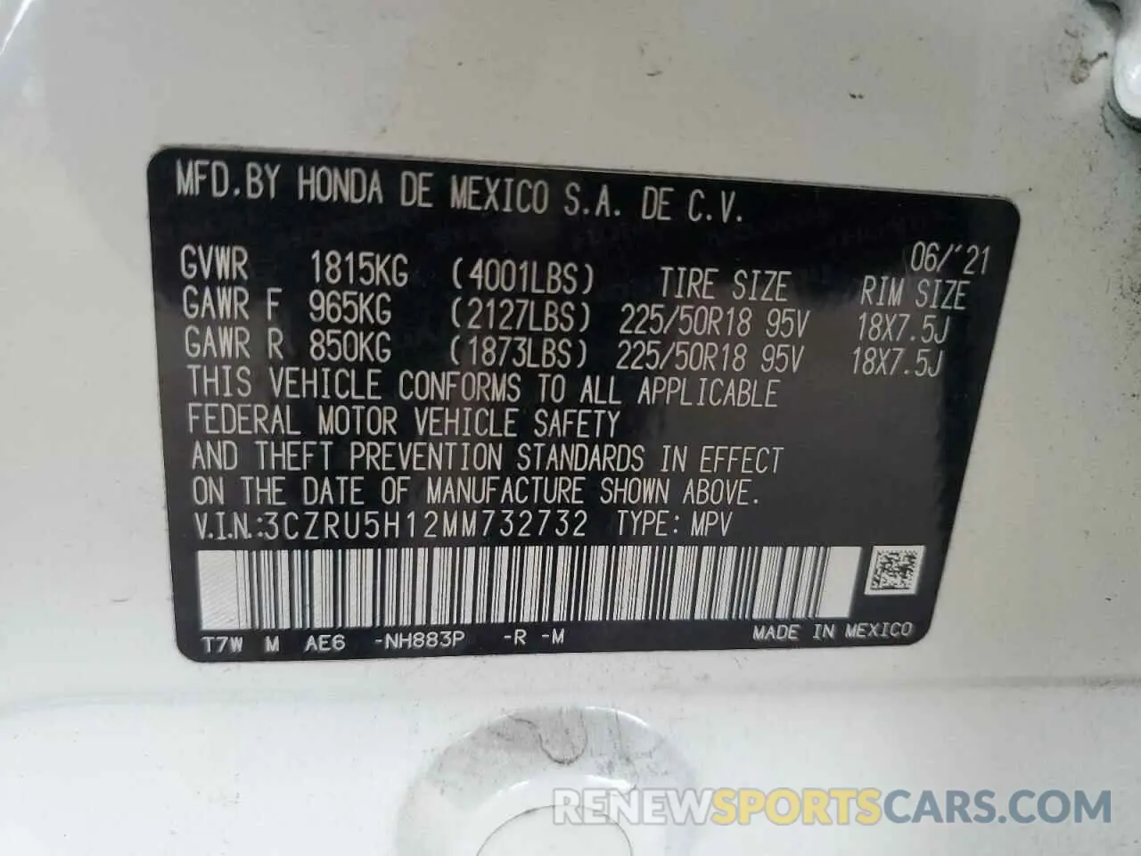 14 Photograph of a damaged car 3CZRU5H12MM732732 HONDA HR-V 2021