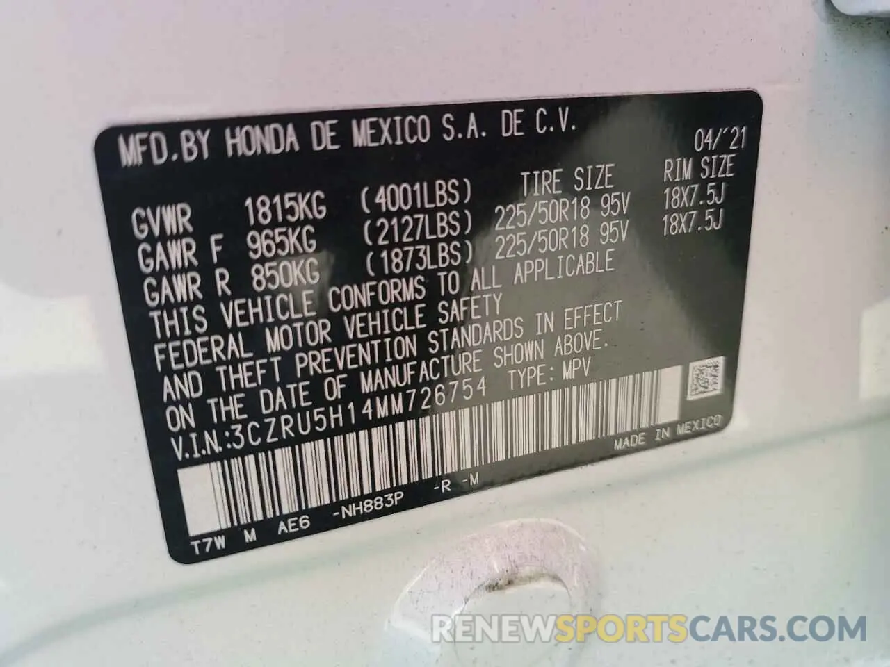 13 Photograph of a damaged car 3CZRU5H14MM726754 HONDA HR-V 2021