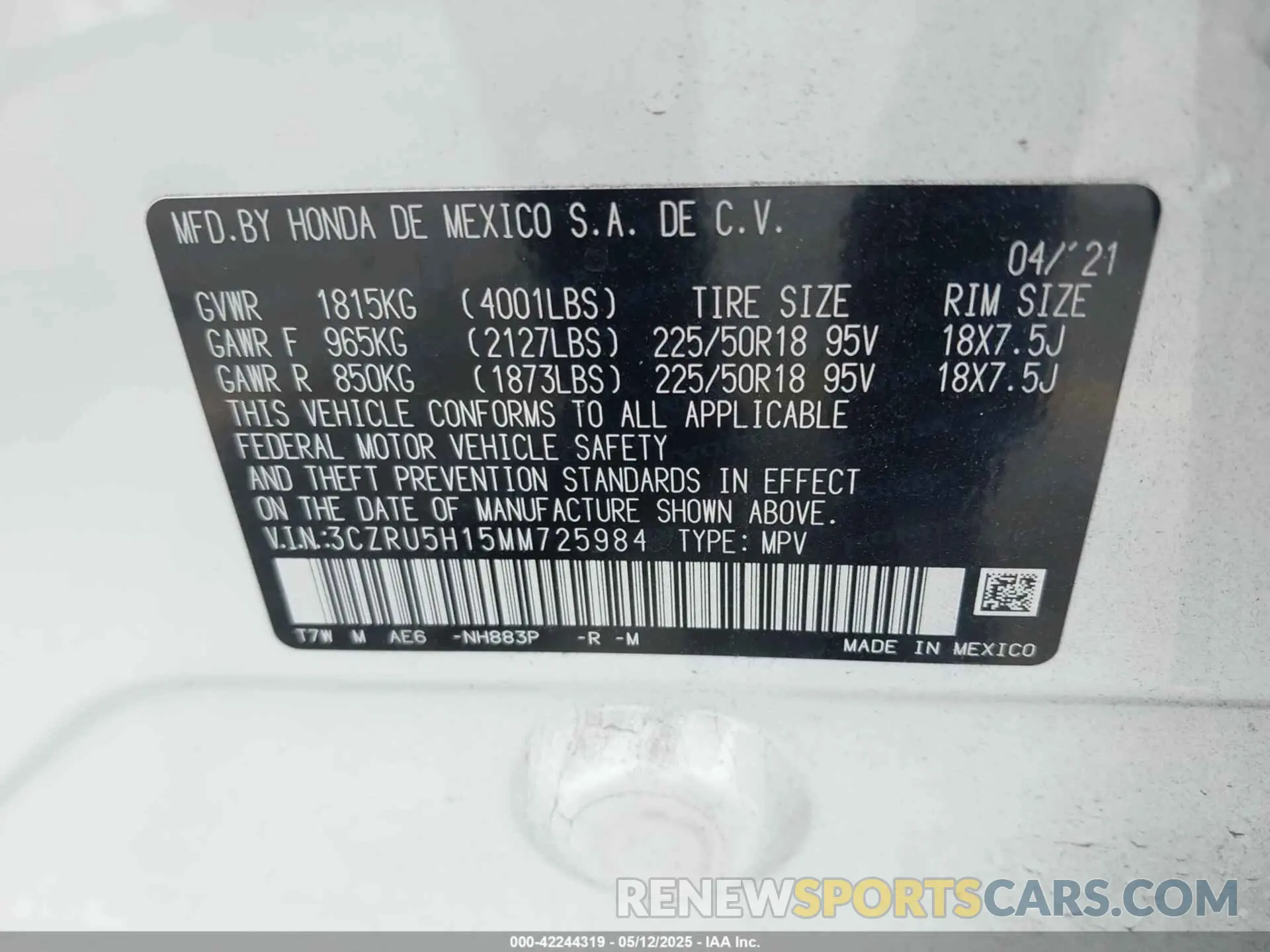 9 Photograph of a damaged car 3CZRU5H15MM725984 HONDA HR-V 2021