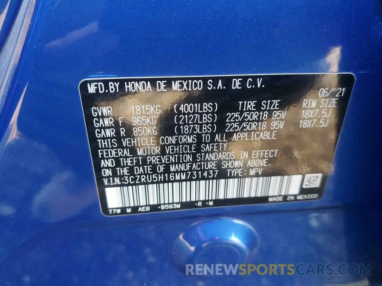 12 Photograph of a damaged car 3CZRU5H16MM731437 HONDA HR-V 2021