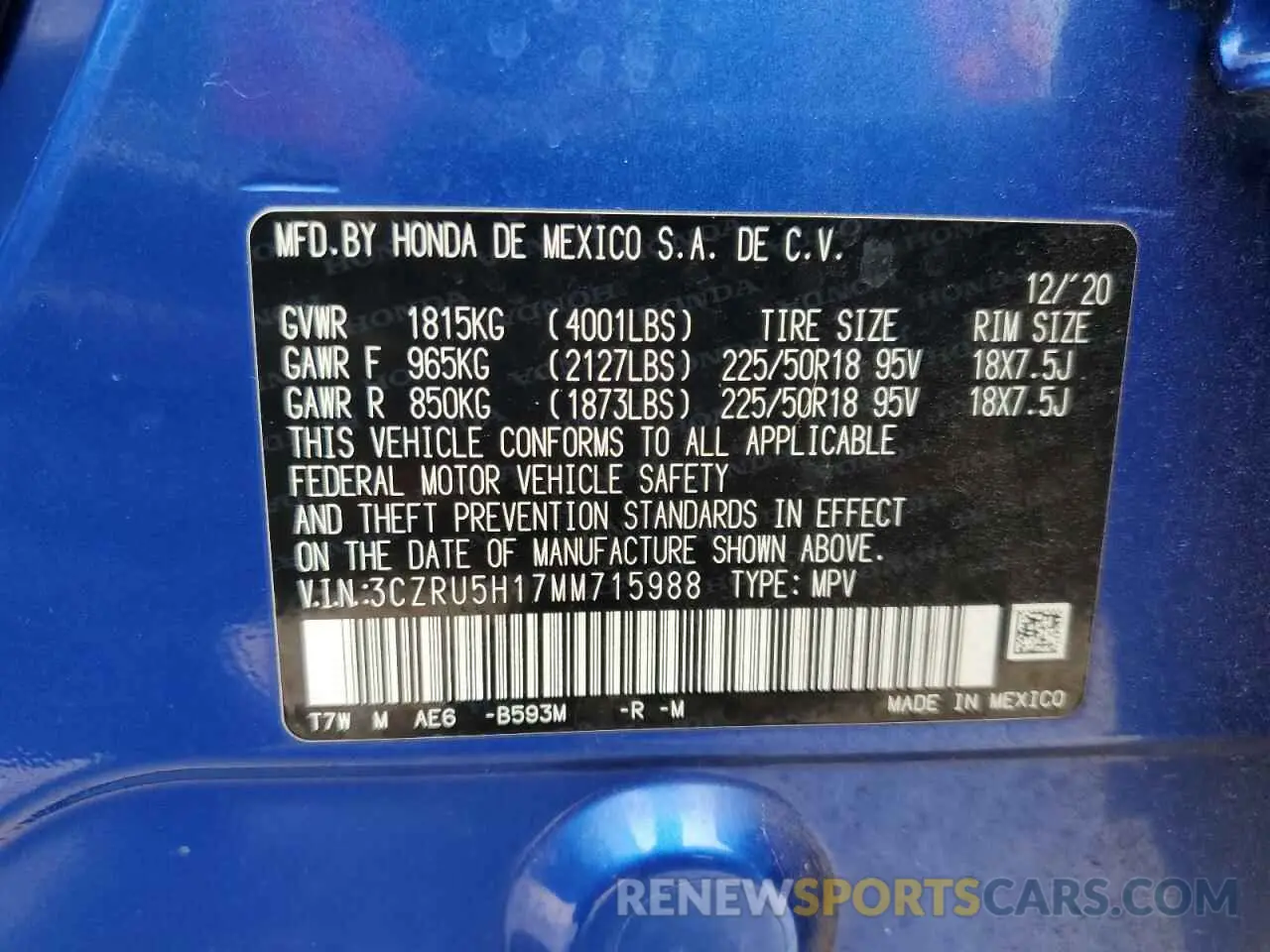 14 Photograph of a damaged car 3CZRU5H17MM715988 HONDA HR-V 2021
