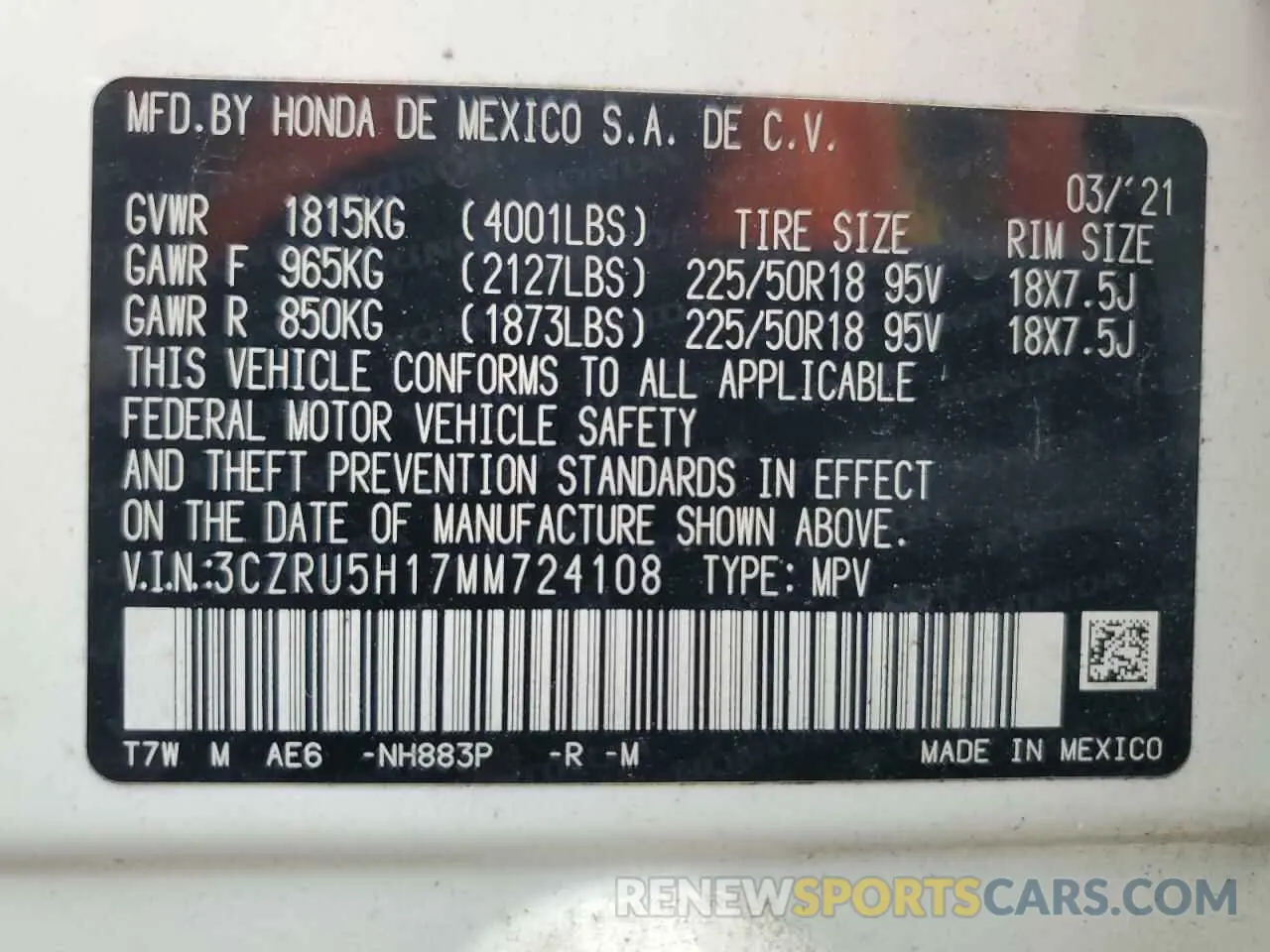 13 Photograph of a damaged car 3CZRU5H17MM724108 HONDA HR-V 2021