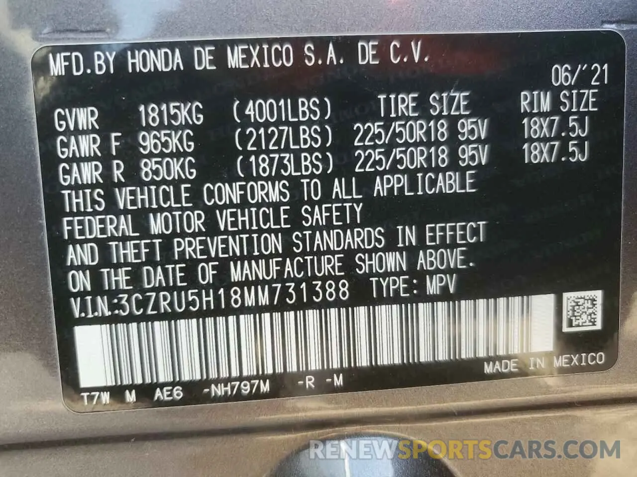13 Photograph of a damaged car 3CZRU5H18MM731388 HONDA HR-V 2021