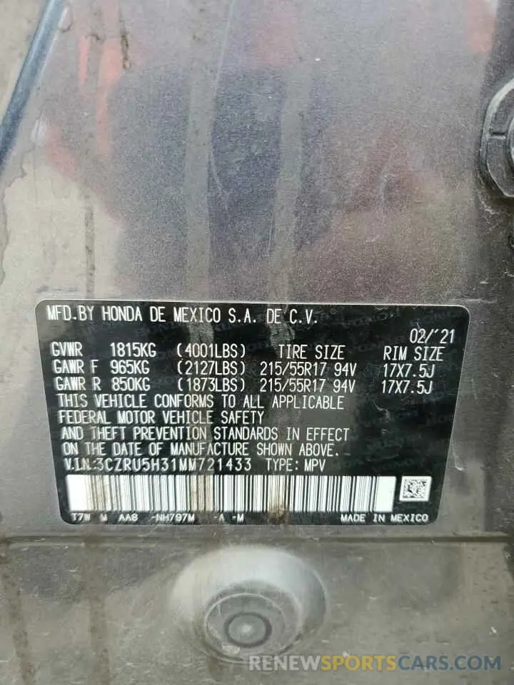 13 Photograph of a damaged car 3CZRU5H31MM721433 HONDA HR-V 2021
