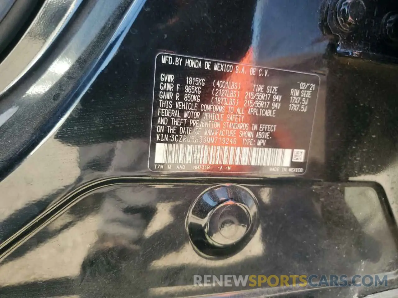 14 Photograph of a damaged car 3CZRU5H33MM719246 HONDA HR-V 2021