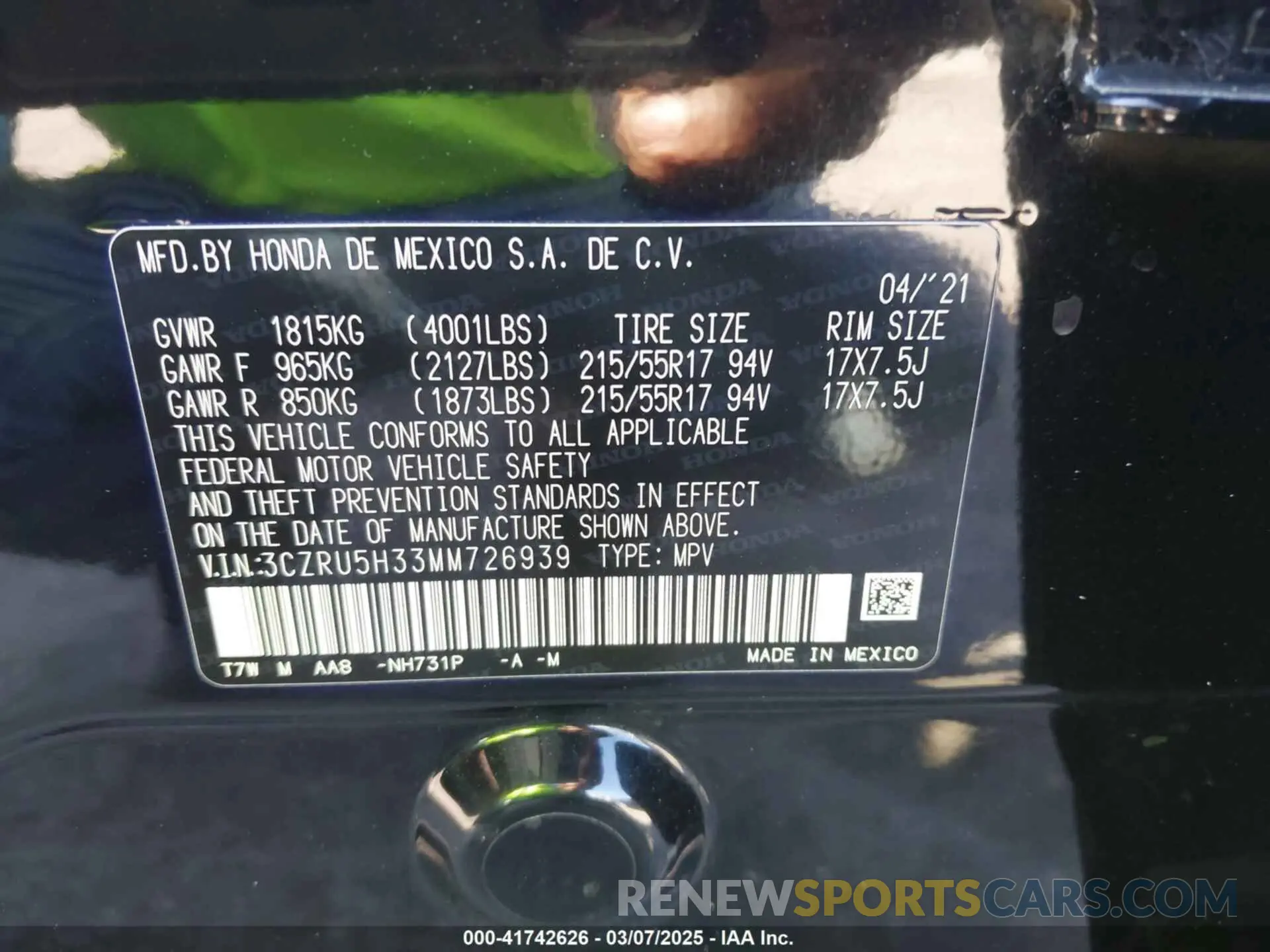 9 Photograph of a damaged car 3CZRU5H33MM726939 HONDA HR-V 2021