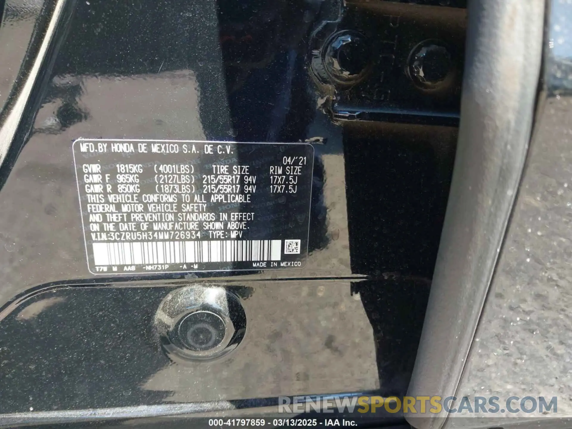 9 Photograph of a damaged car 3CZRU5H34MM726934 HONDA HR-V 2021