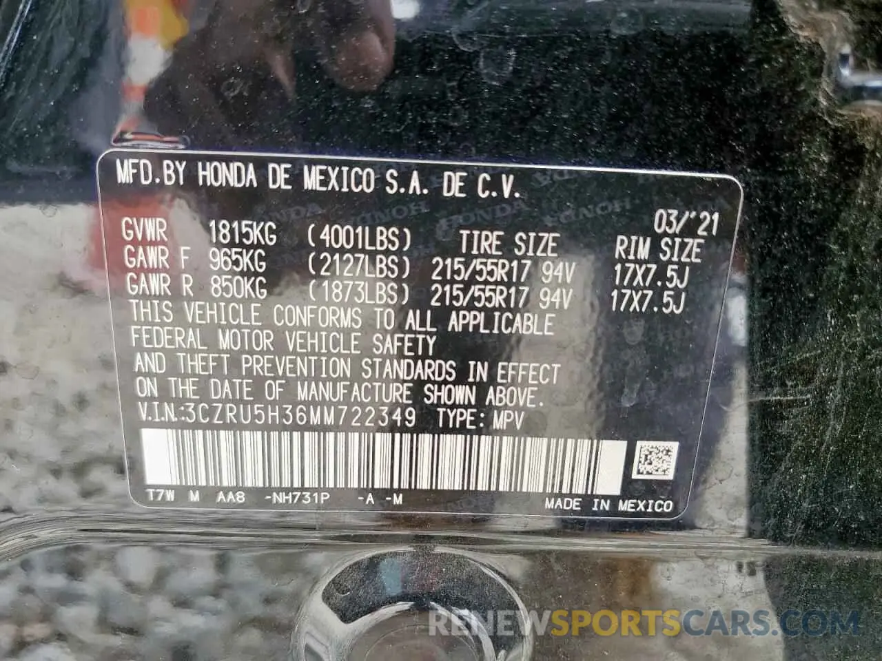 13 Photograph of a damaged car 3CZRU5H36MM722349 HONDA HR-V 2021