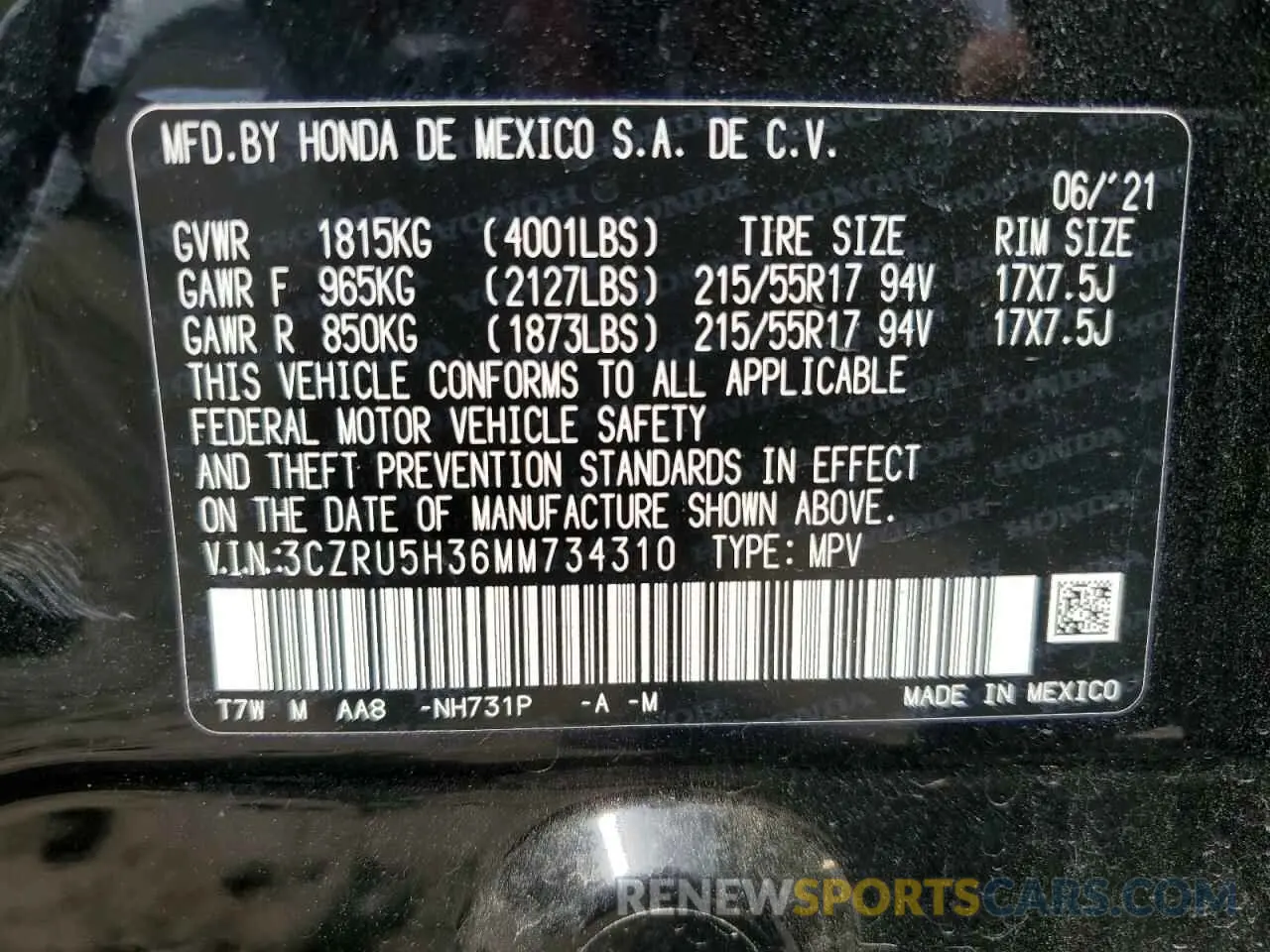 15 Photograph of a damaged car 3CZRU5H36MM734310 HONDA HR-V 2021