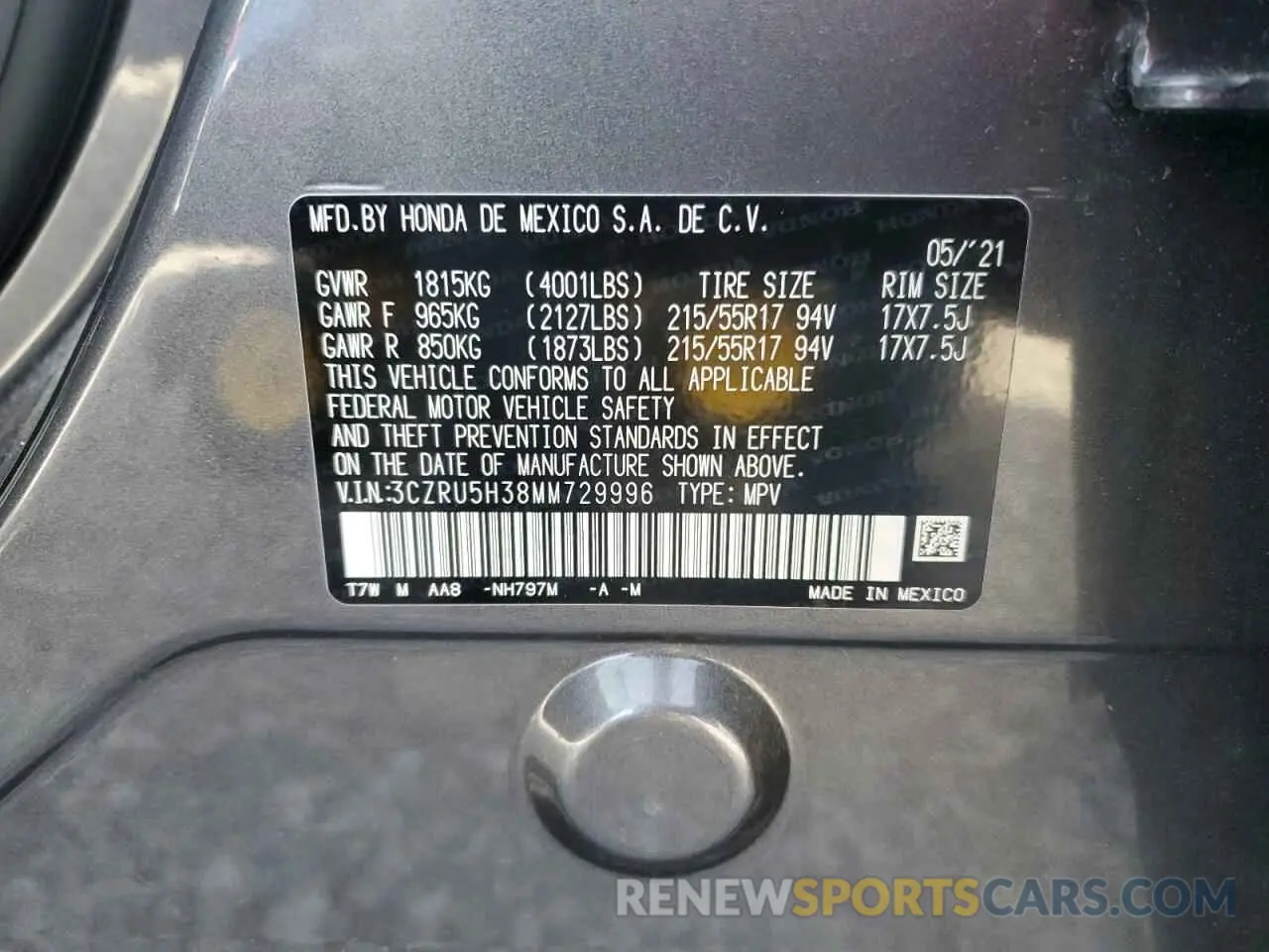 16 Photograph of a damaged car 3CZRU5H38MM729996 HONDA HR-V 2021