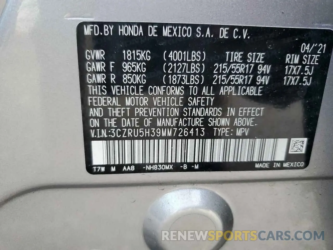 15 Photograph of a damaged car 3CZRU5H39MM726413 HONDA HR-V 2021