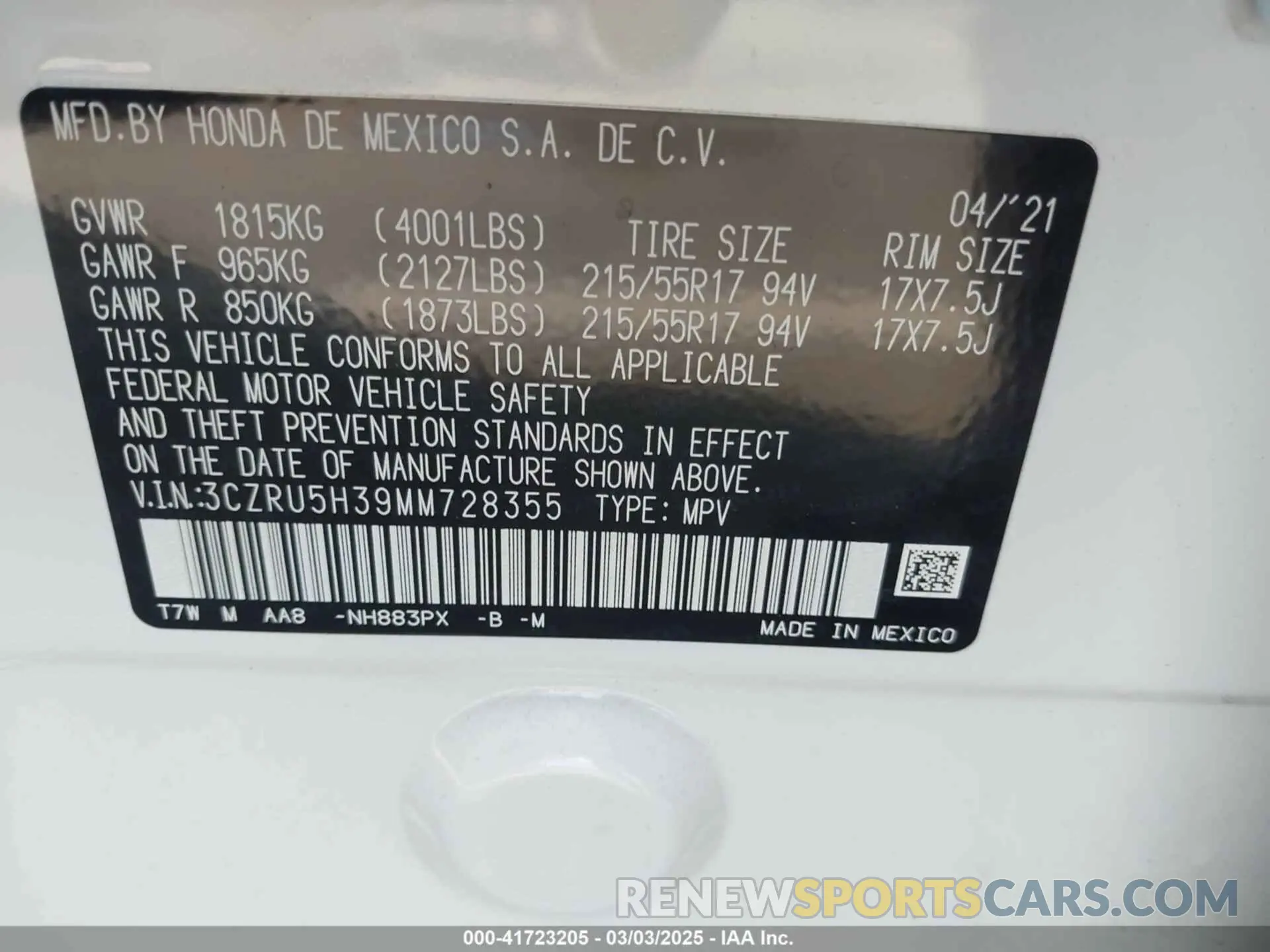 9 Photograph of a damaged car 3CZRU5H39MM728355 HONDA HR-V 2021