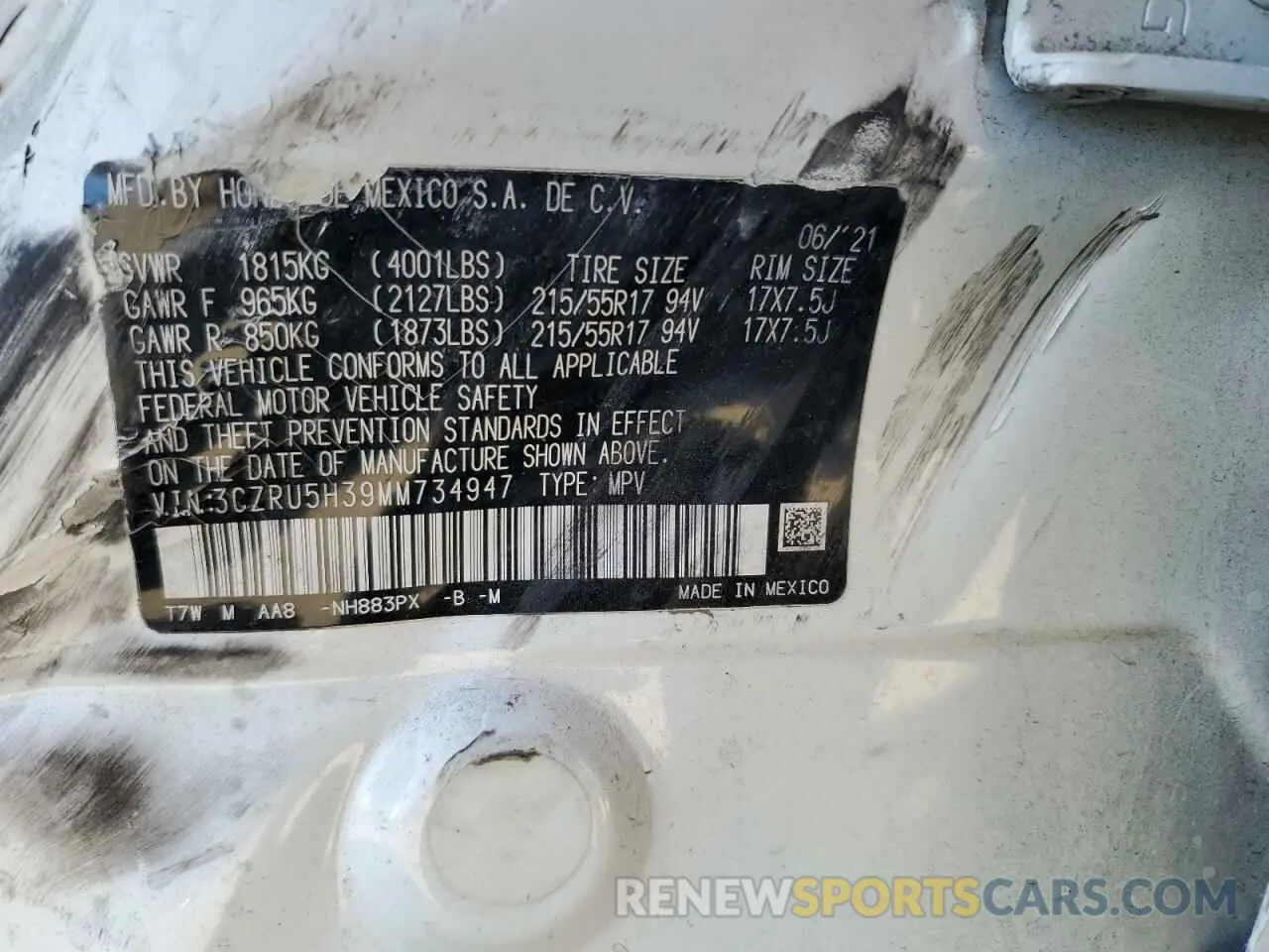13 Photograph of a damaged car 3CZRU5H39MM734947 HONDA HR-V 2021