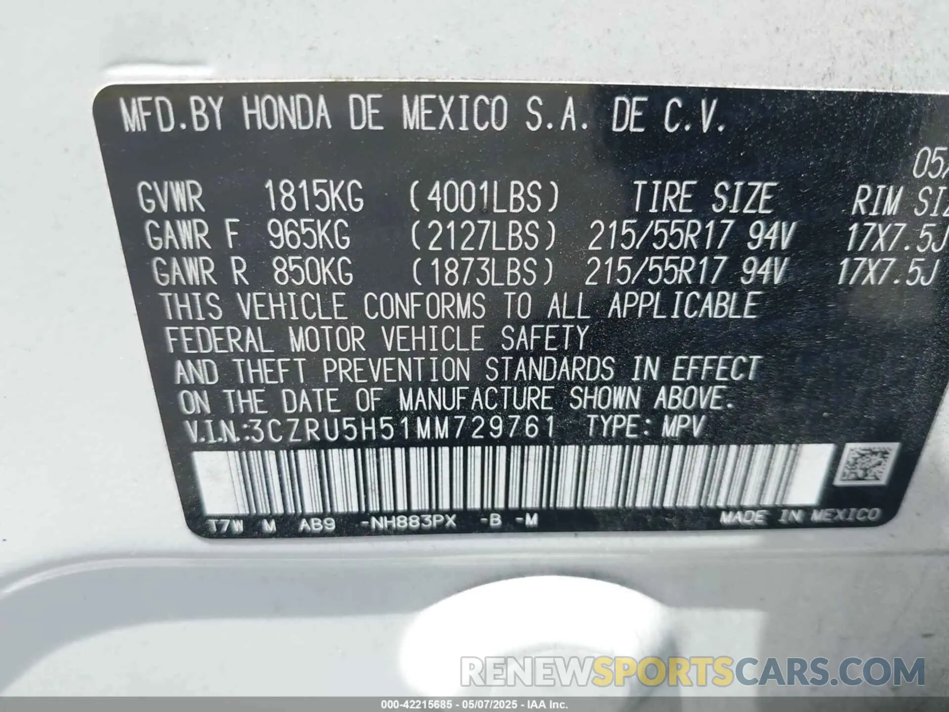 9 Photograph of a damaged car 3CZRU5H51MM729761 HONDA HR-V 2021
