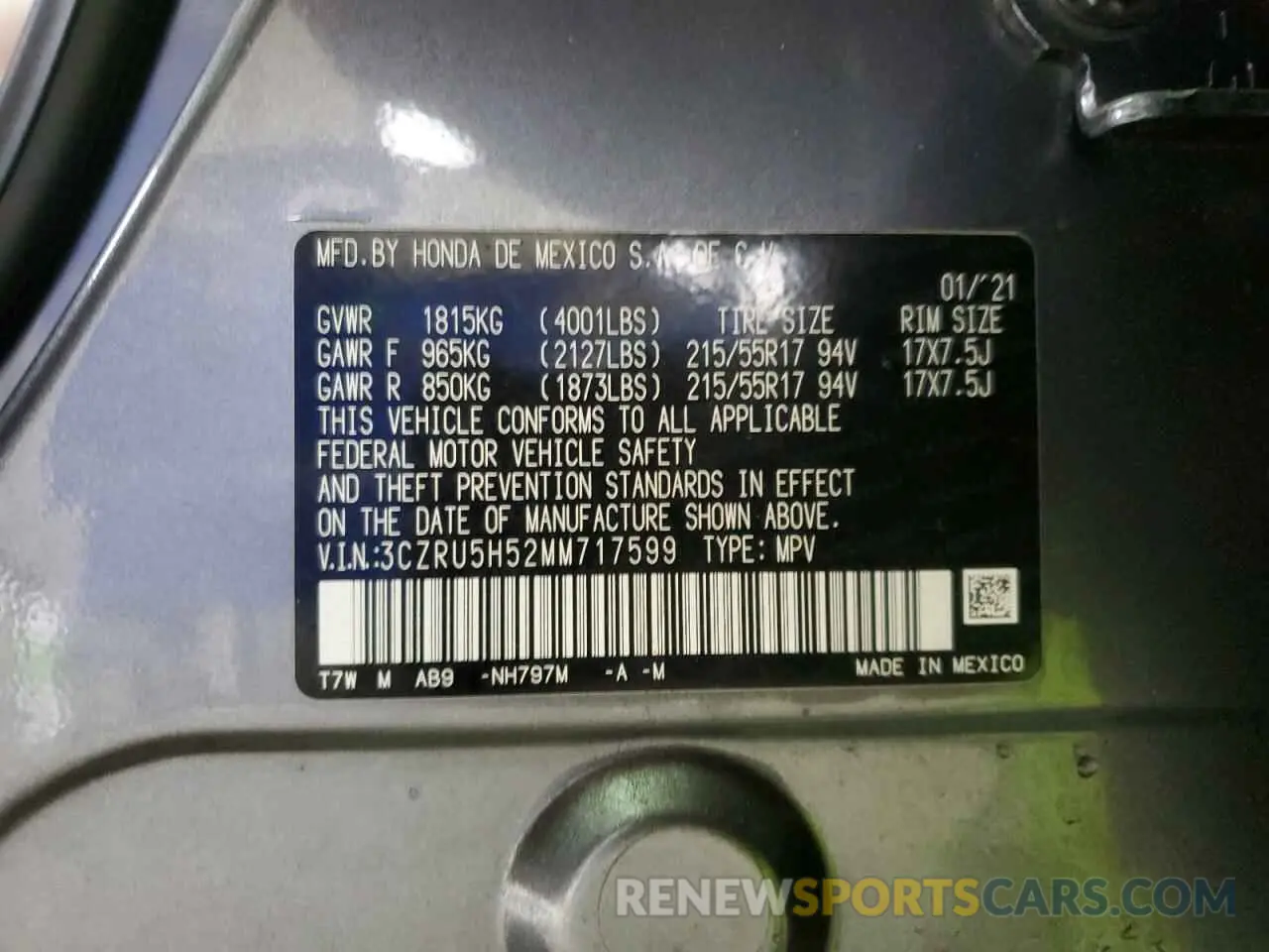 13 Photograph of a damaged car 3CZRU5H52MM717599 HONDA HR-V 2021