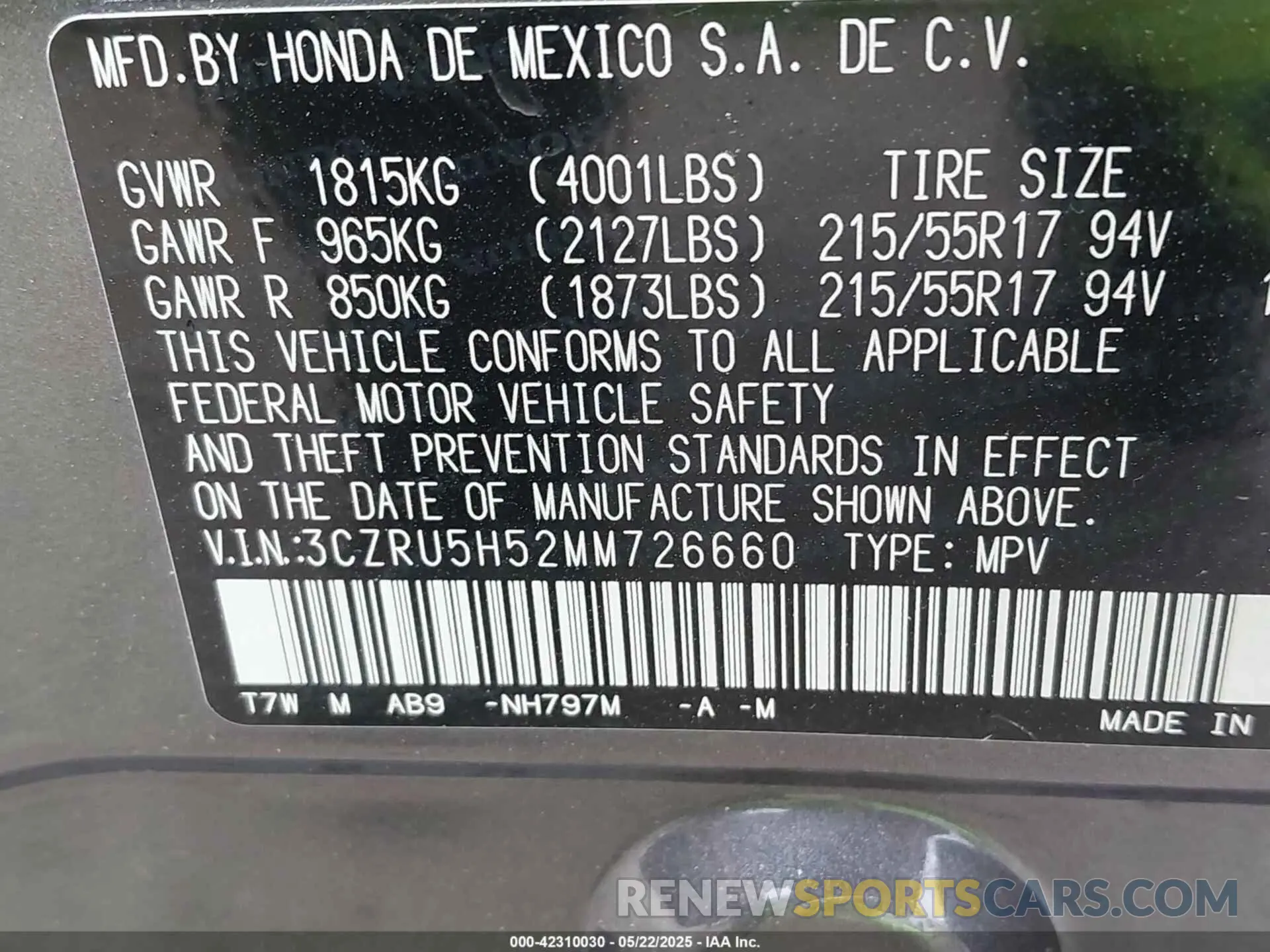 9 Photograph of a damaged car 3CZRU5H52MM726660 HONDA HR-V 2021