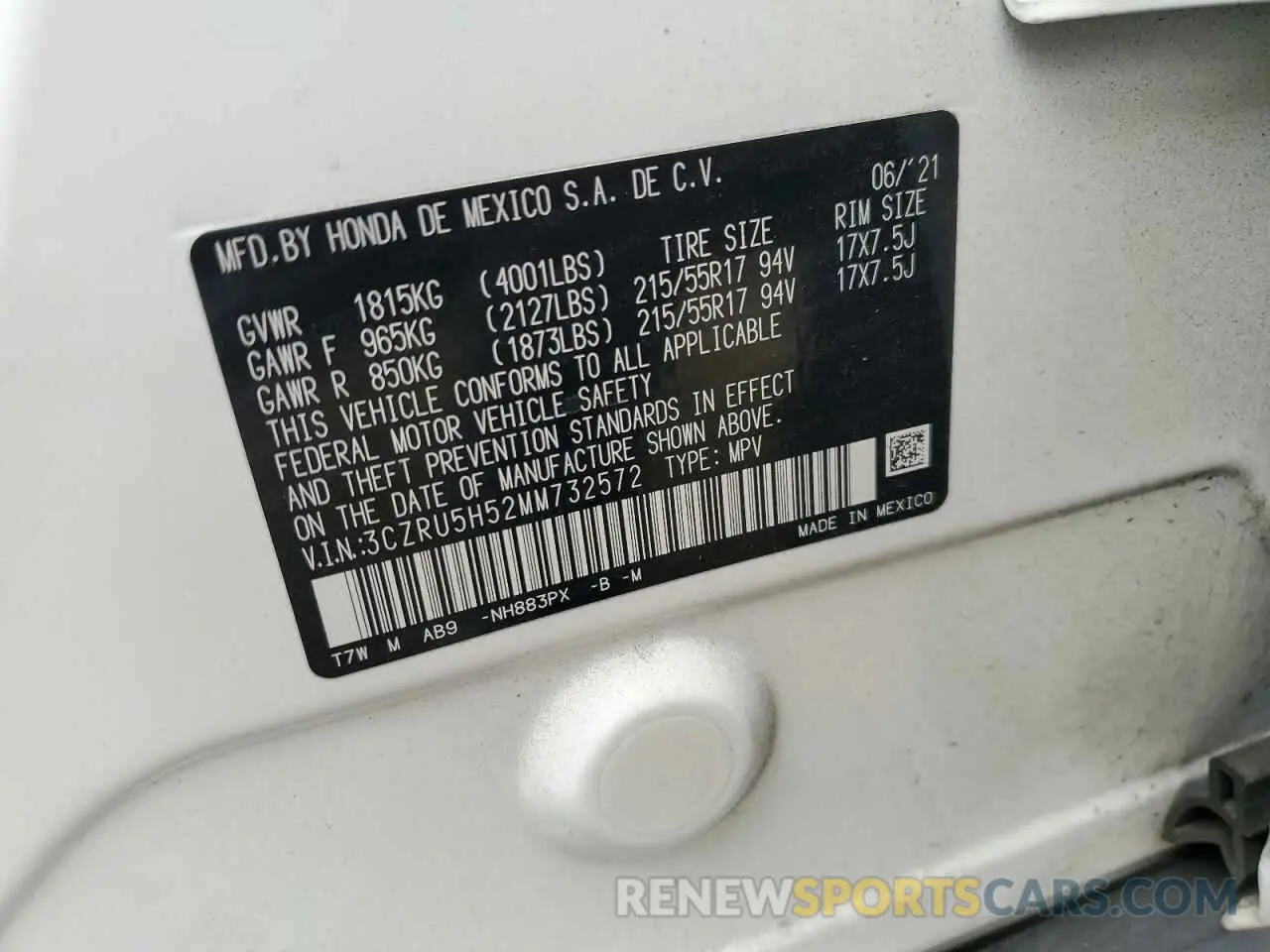 14 Photograph of a damaged car 3CZRU5H52MM732572 HONDA HR-V 2021