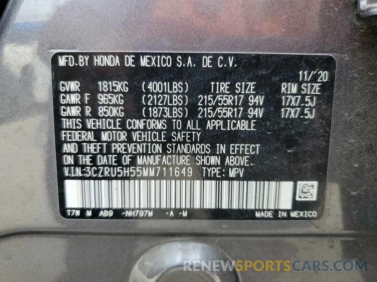 14 Photograph of a damaged car 3CZRU5H55MM711649 HONDA HR-V 2021