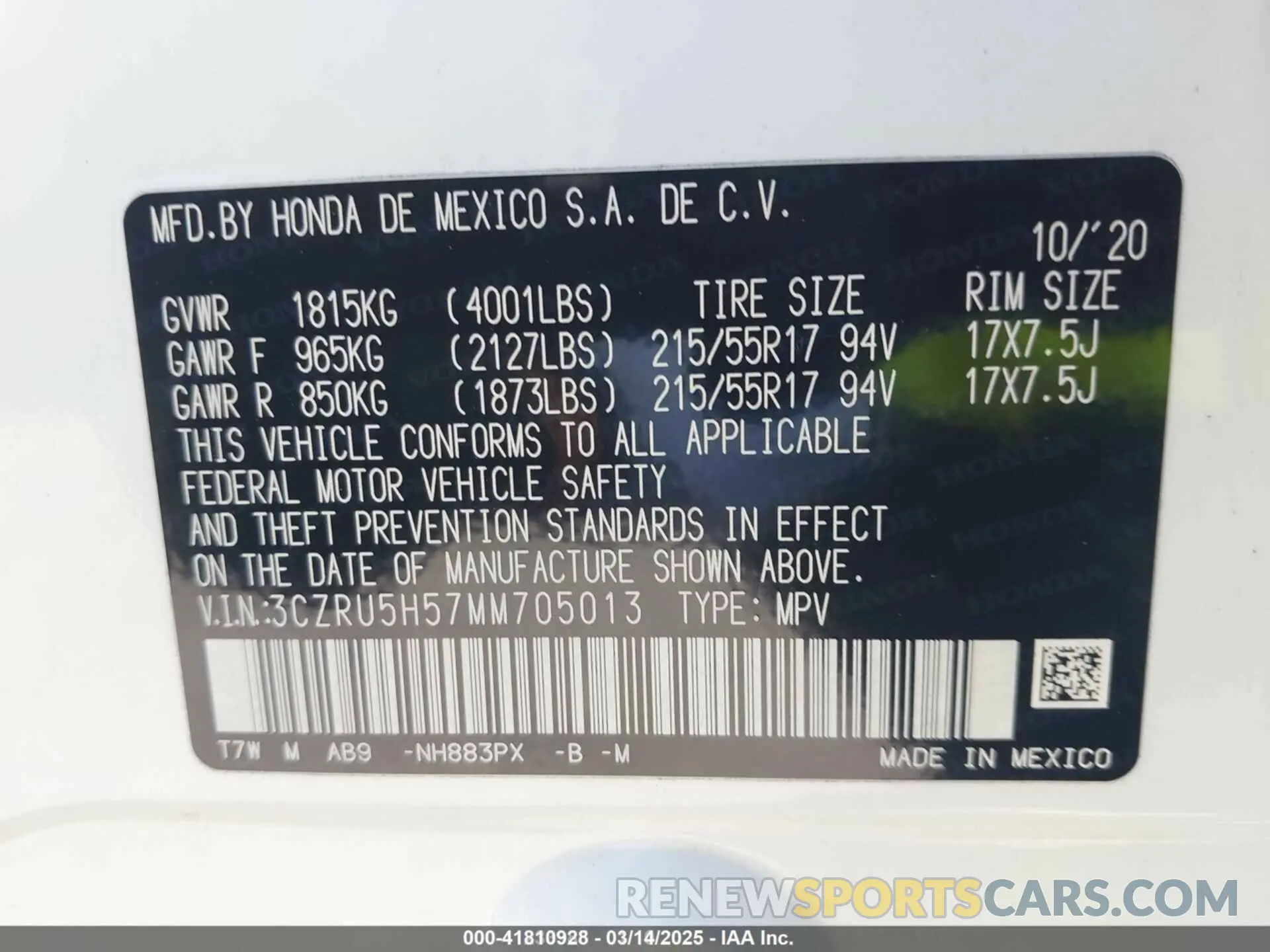 9 Photograph of a damaged car 3CZRU5H57MM705013 HONDA HR-V 2021