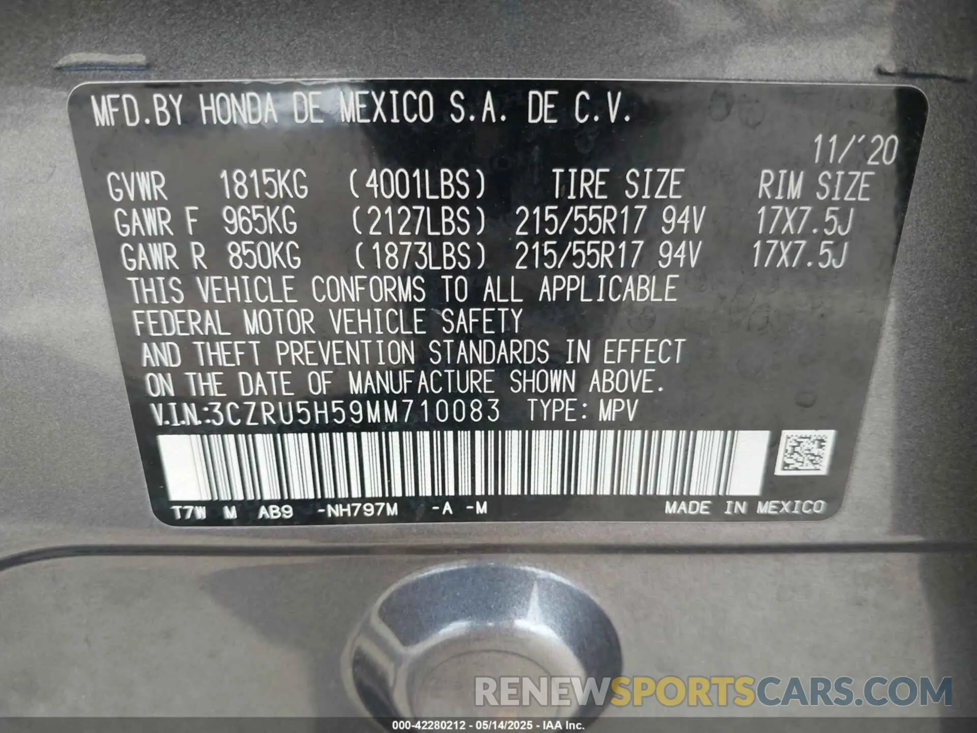 9 Photograph of a damaged car 3CZRU5H59MM710083 HONDA HR-V 2021