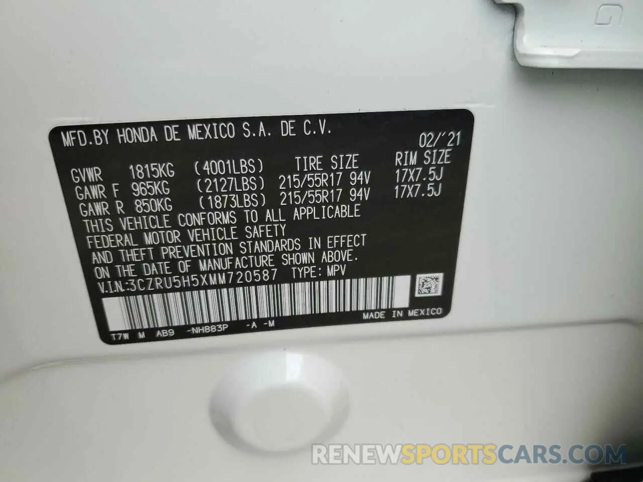 13 Photograph of a damaged car 3CZRU5H5XMM720587 HONDA HR-V 2021
