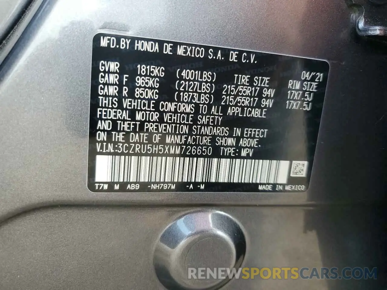 13 Photograph of a damaged car 3CZRU5H5XMM726650 HONDA HR-V 2021