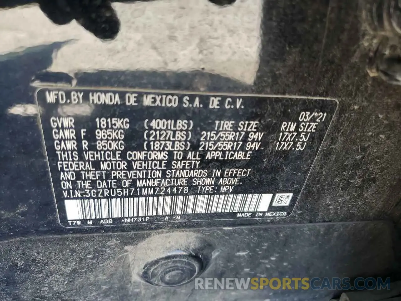 13 Photograph of a damaged car 3CZRU5H71MM724478 HONDA HR-V 2021