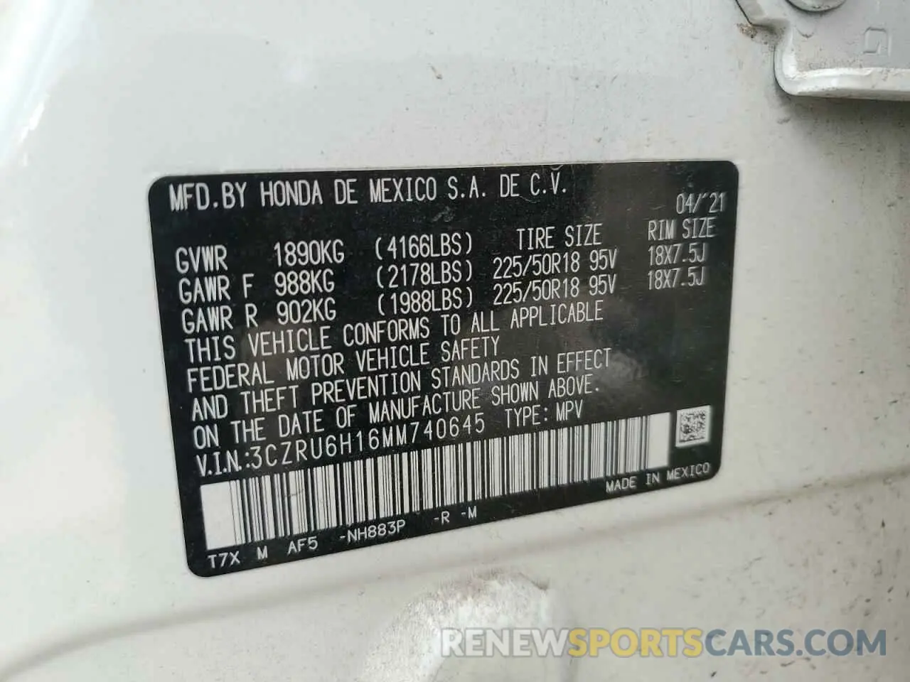 14 Photograph of a damaged car 3CZRU6H16MM740645 HONDA HR-V 2021