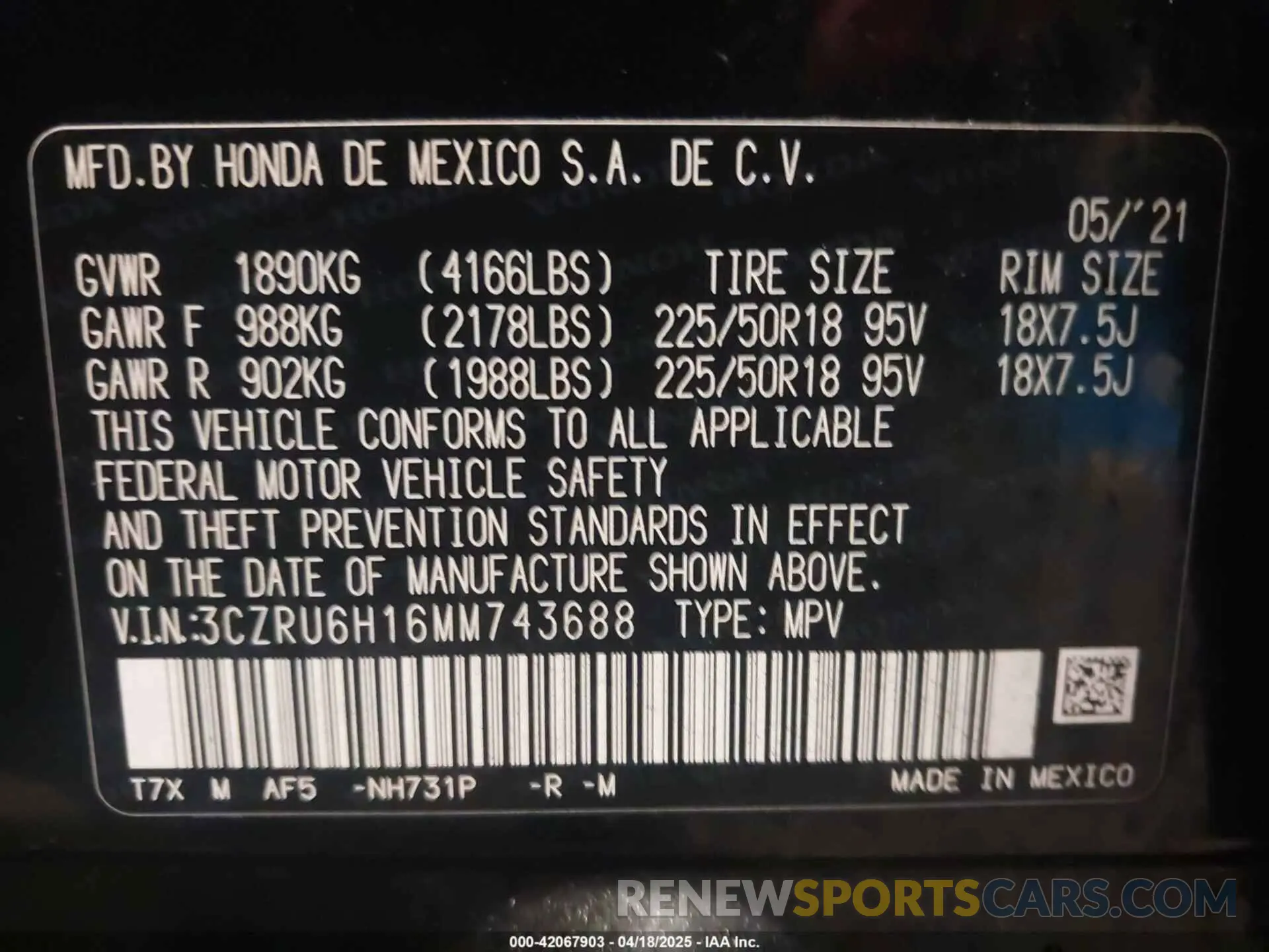9 Photograph of a damaged car 3CZRU6H16MM743688 HONDA HR-V 2021