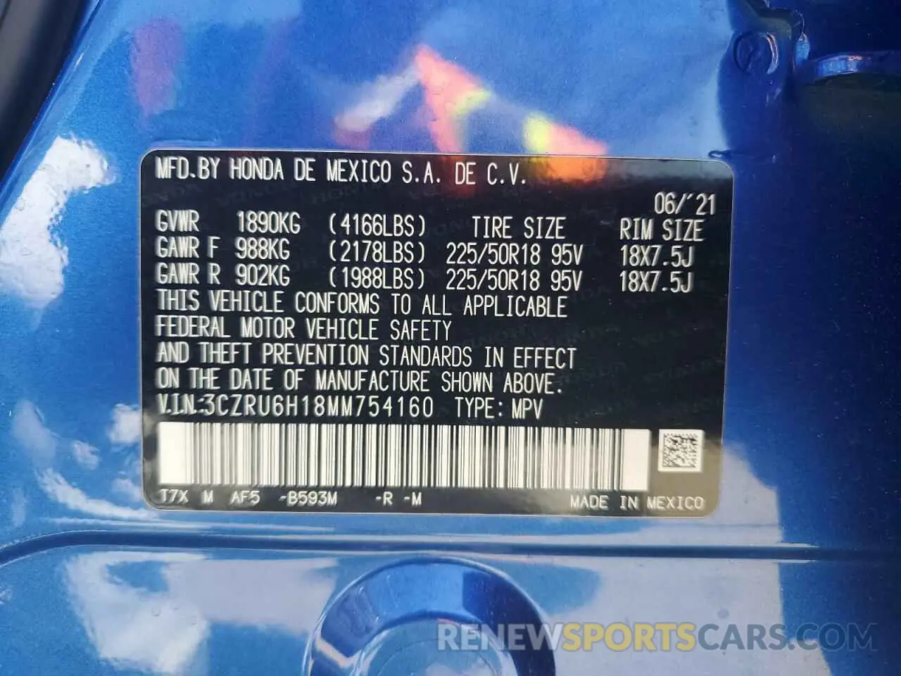 14 Photograph of a damaged car 3CZRU6H18MM754160 HONDA HR-V 2021