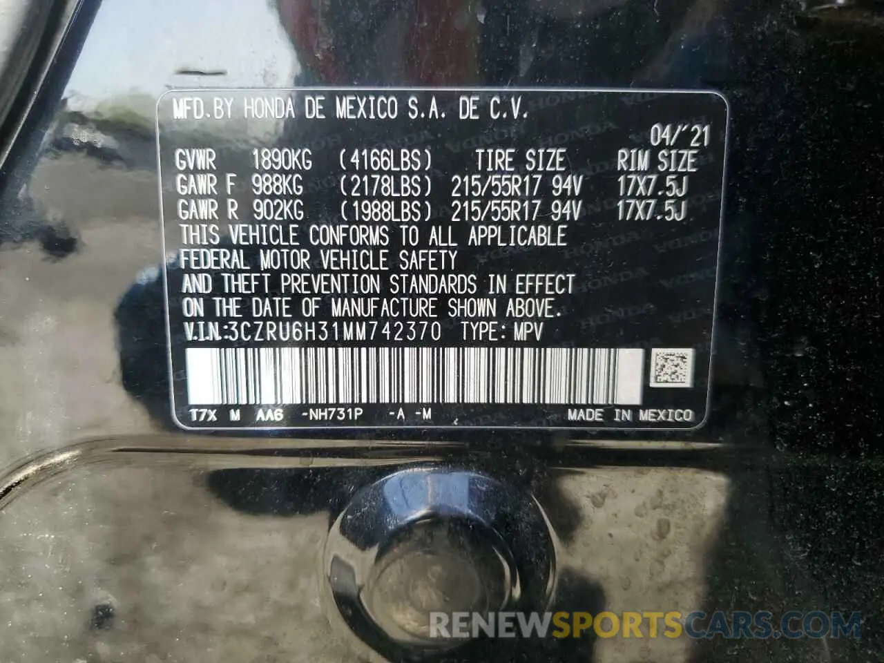 14 Photograph of a damaged car 3CZRU6H31MM742370 HONDA HR-V 2021