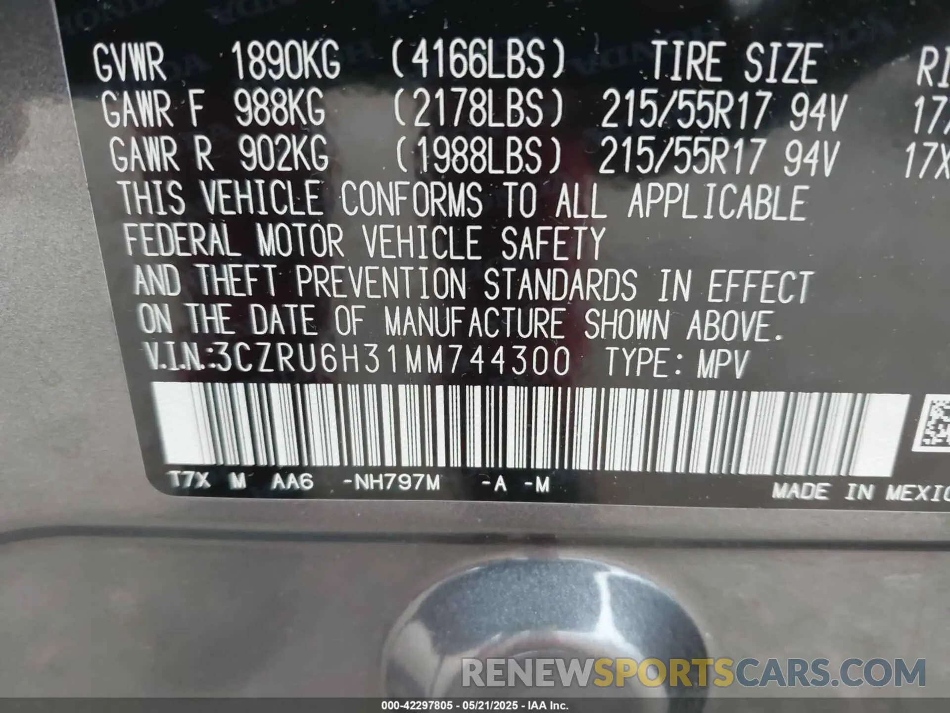 9 Photograph of a damaged car 3CZRU6H31MM744300 HONDA HR-V 2021
