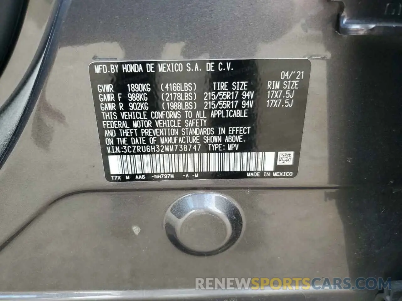 14 Photograph of a damaged car 3CZRU6H32MM738747 HONDA HR-V 2021