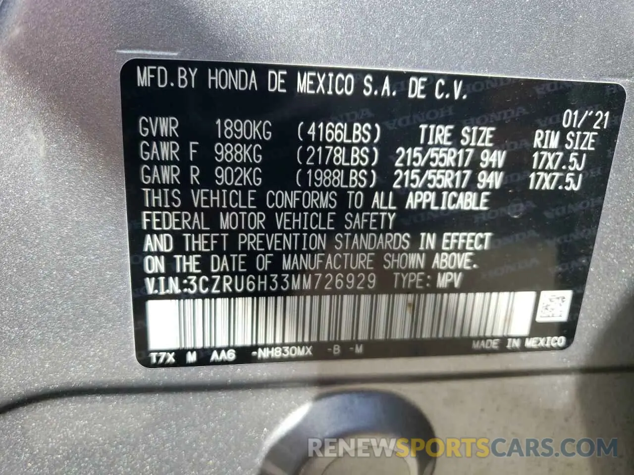 14 Photograph of a damaged car 3CZRU6H33MM726929 HONDA HR-V 2021