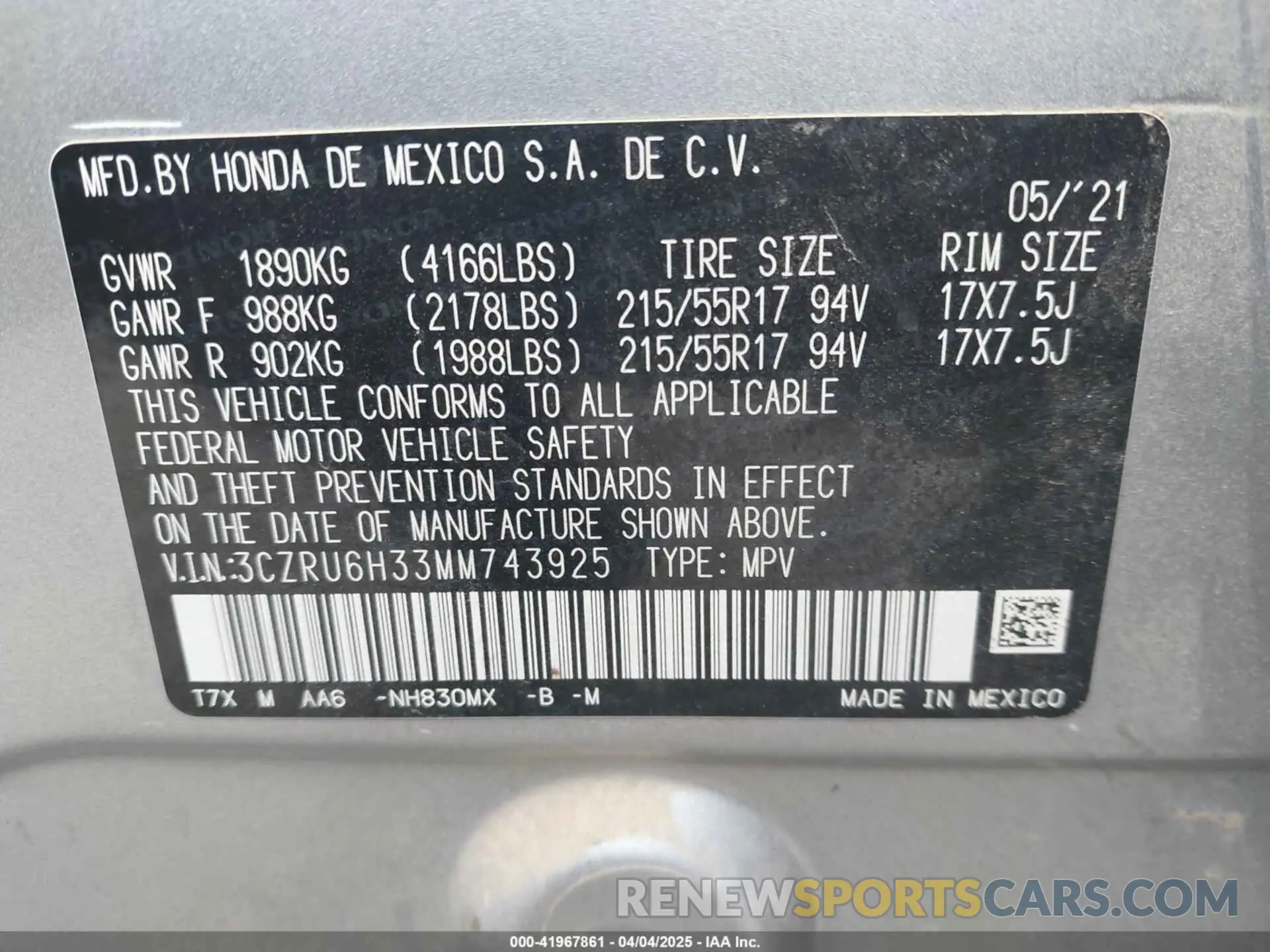 9 Photograph of a damaged car 3CZRU6H33MM743925 HONDA HR-V 2021