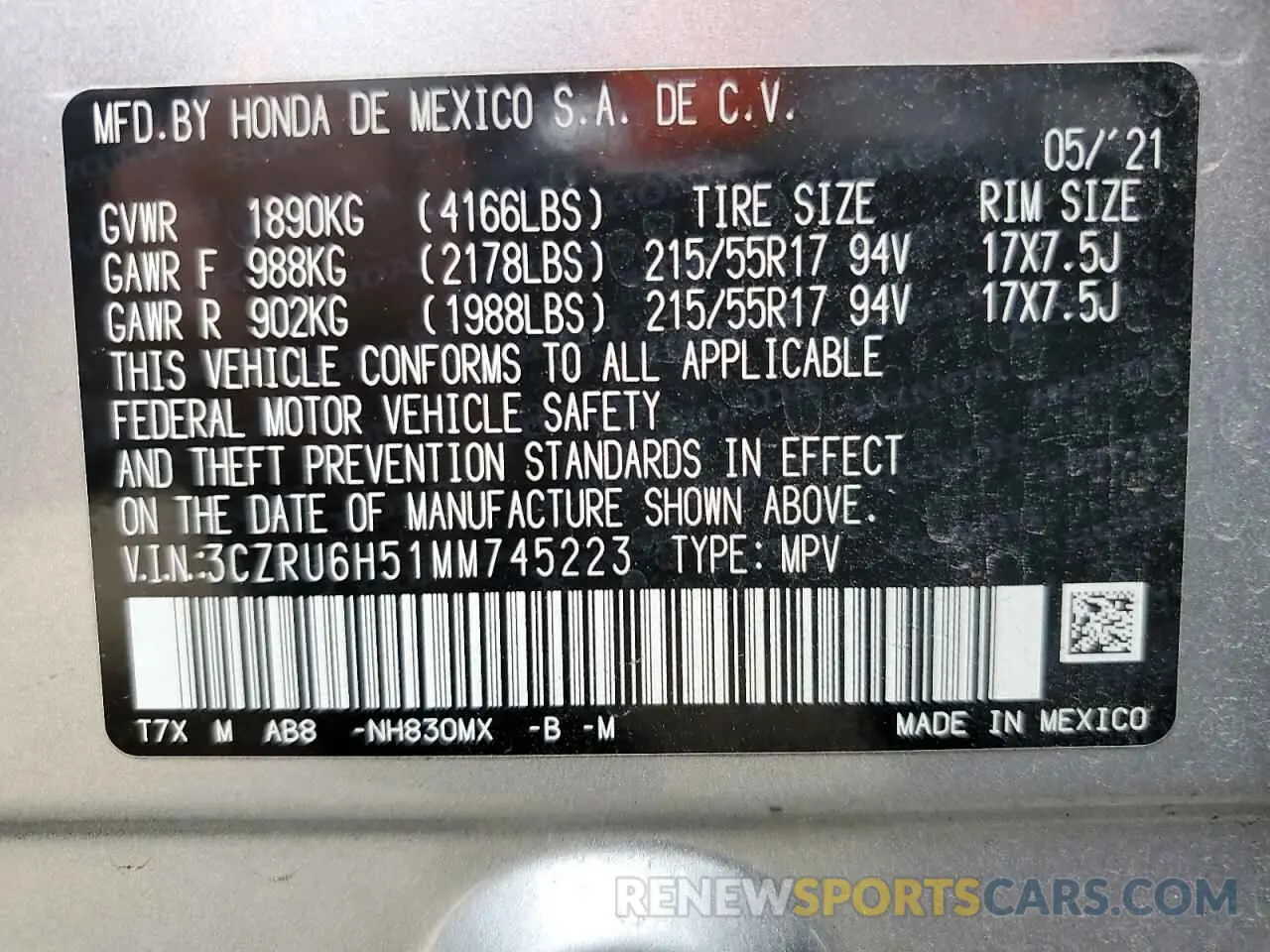 14 Photograph of a damaged car 3CZRU6H51MM745223 HONDA HR-V 2021