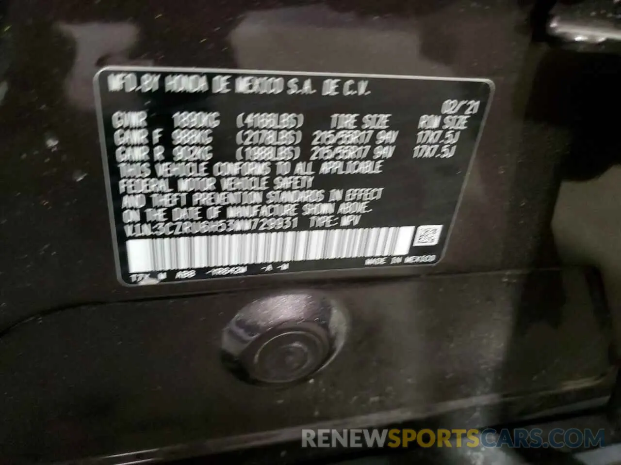 13 Photograph of a damaged car 3CZRU6H53MM729931 HONDA HR-V 2021