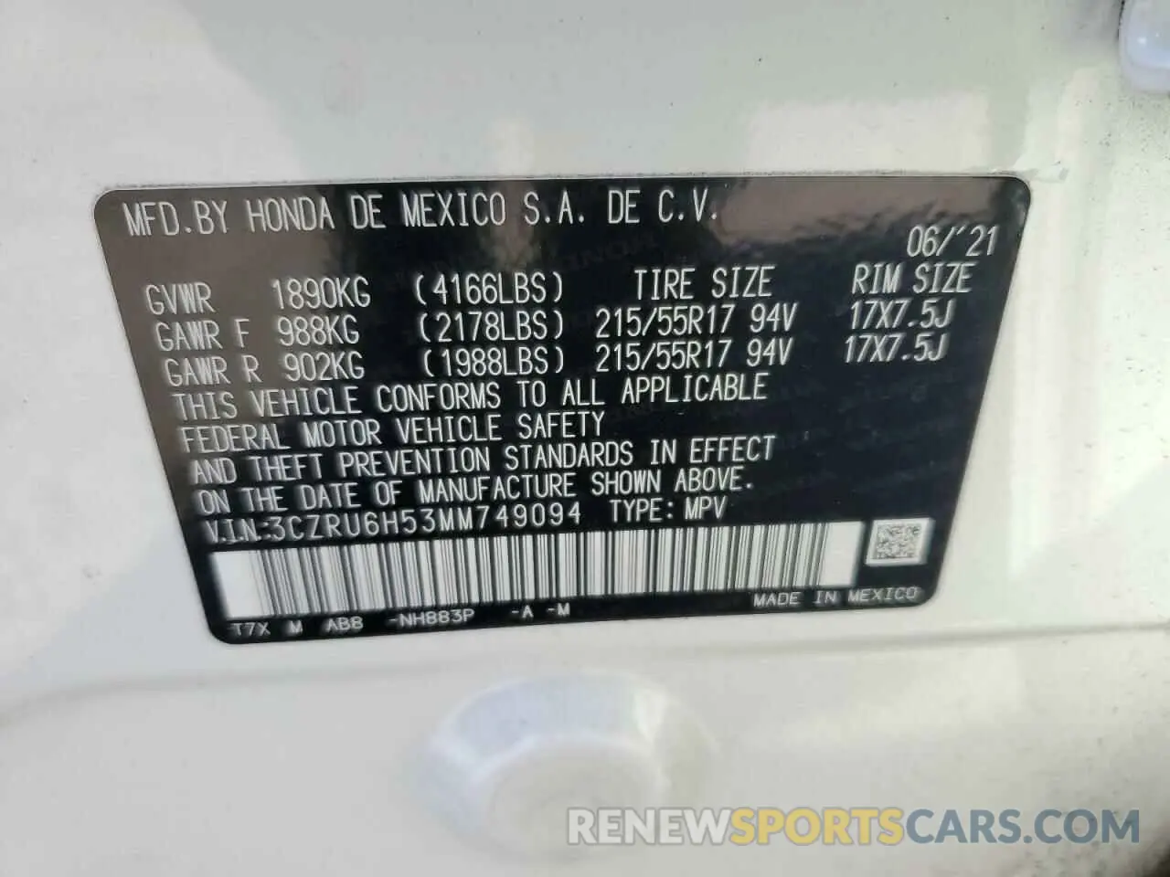 13 Photograph of a damaged car 3CZRU6H53MM749094 HONDA HR-V 2021