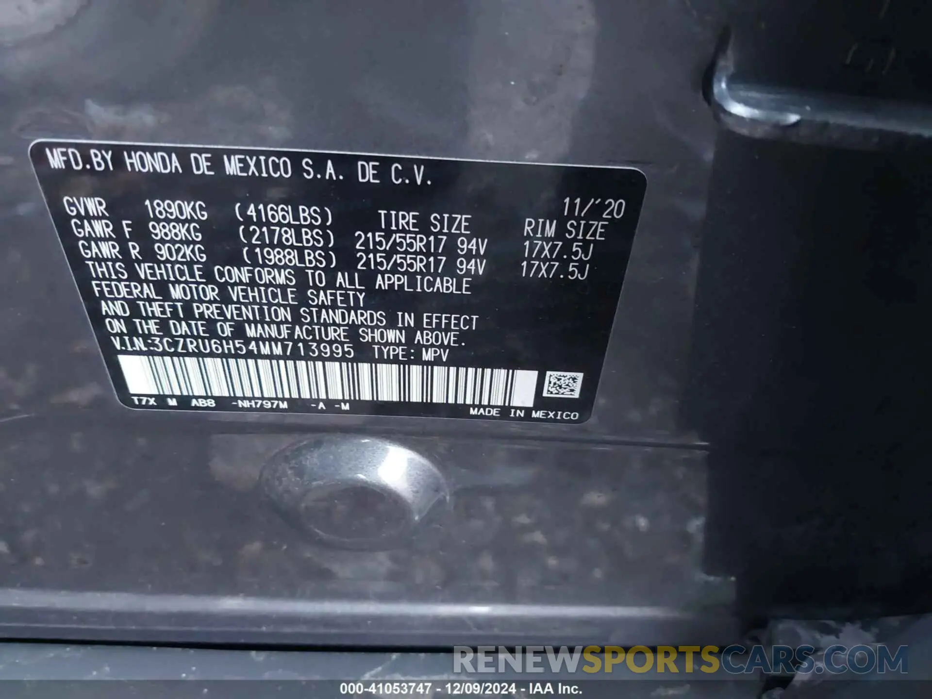 9 Photograph of a damaged car 3CZRU6H54MM713995 HONDA HR-V 2021