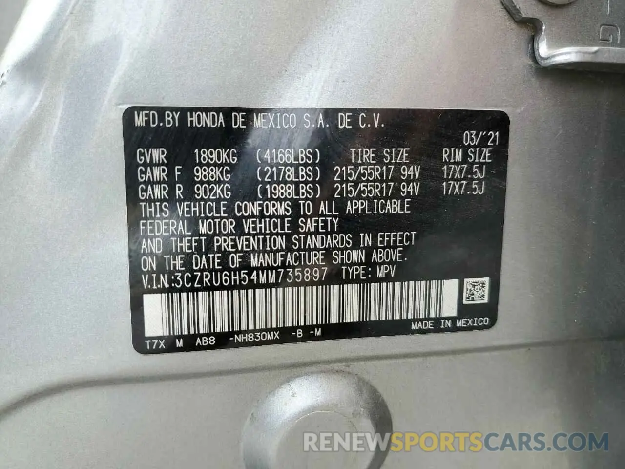 12 Photograph of a damaged car 3CZRU6H54MM735897 HONDA HR-V 2021