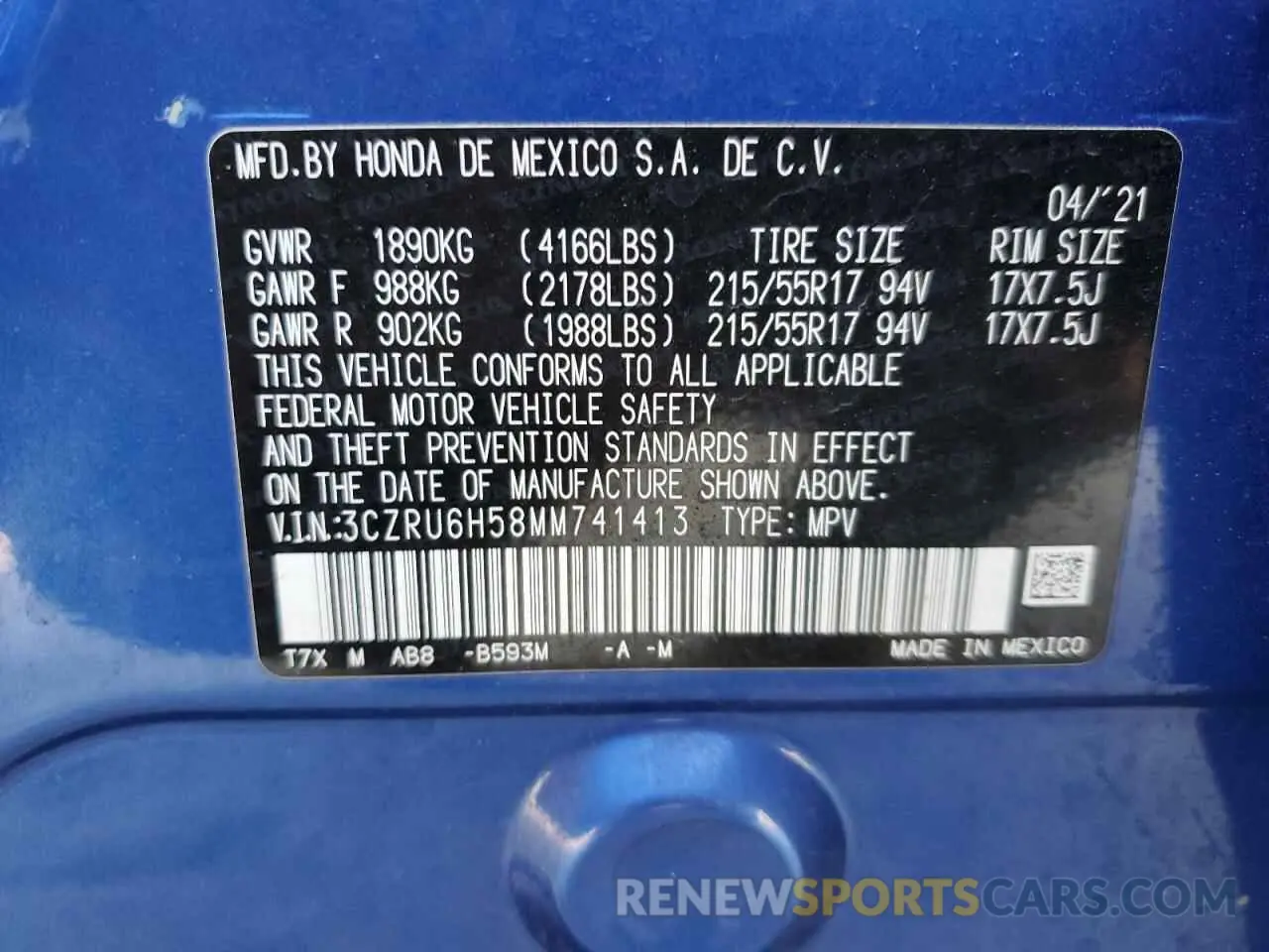 16 Photograph of a damaged car 3CZRU6H58MM741413 HONDA HR-V 2021