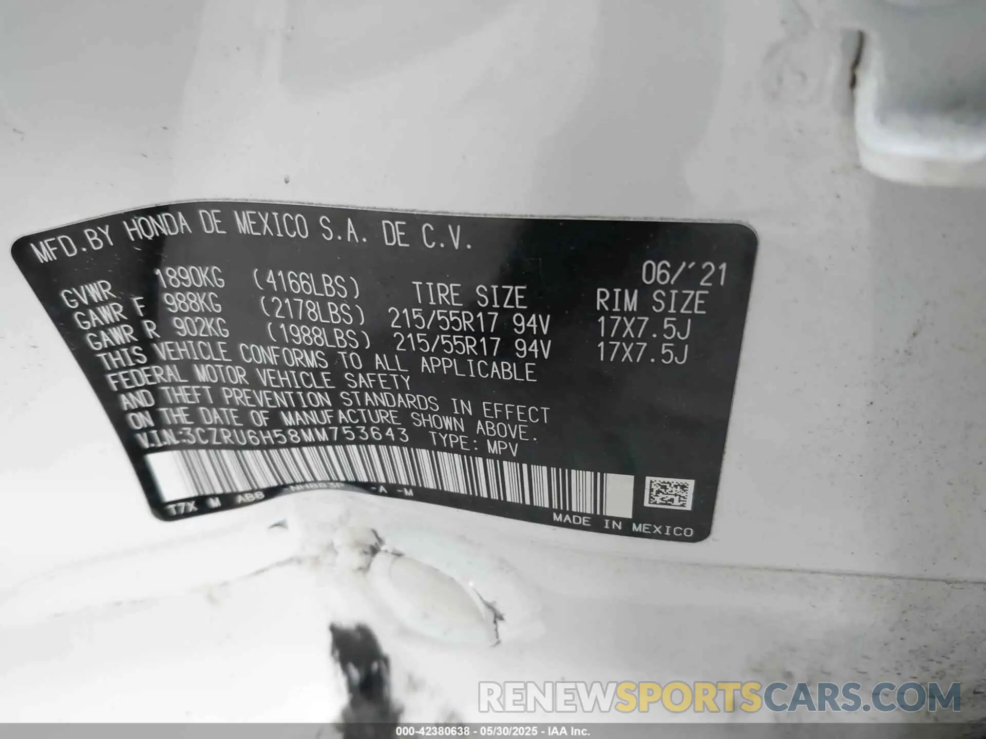 9 Photograph of a damaged car 3CZRU6H58MM753643 HONDA HR-V 2021