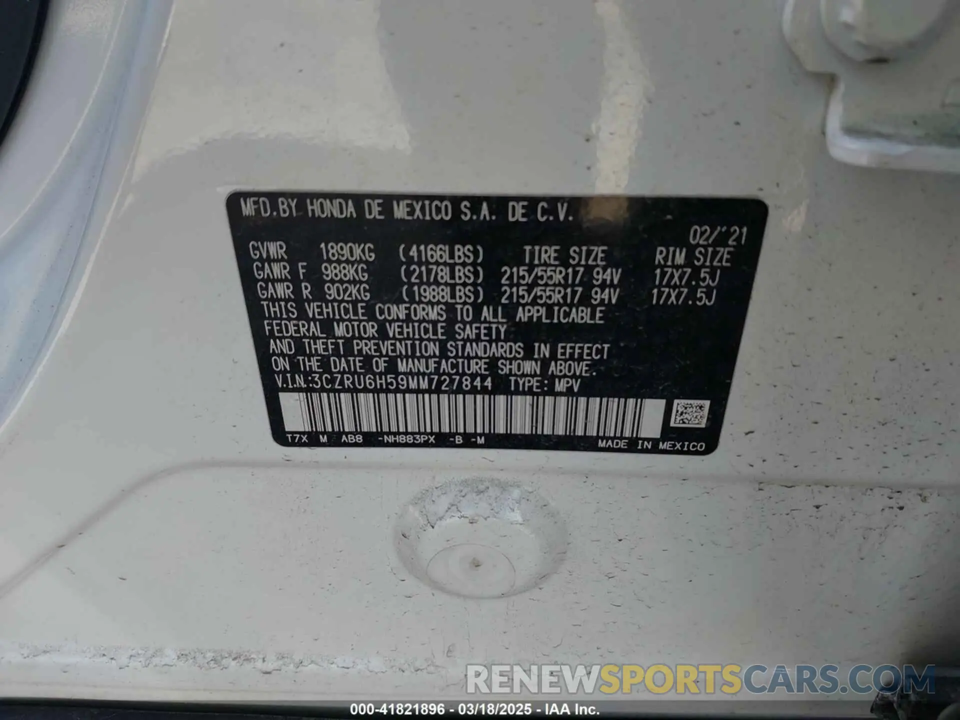 9 Photograph of a damaged car 3CZRU6H59MM727844 HONDA HR-V 2021